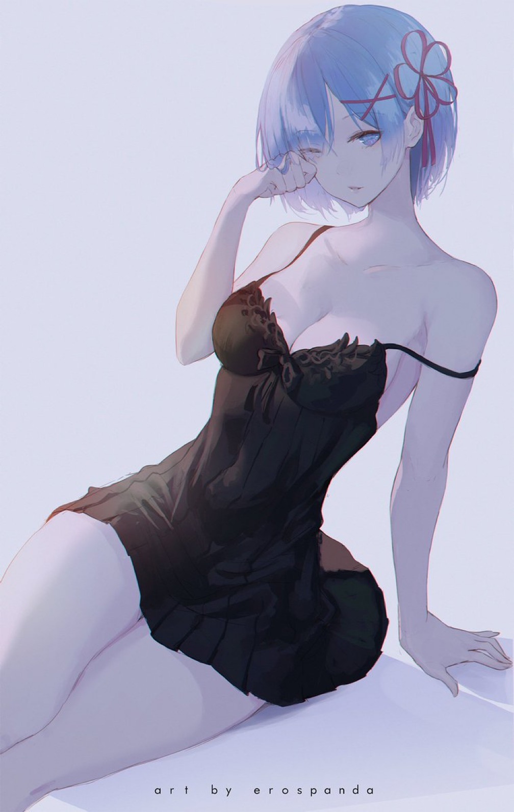 blue eyes, blue hair, bow, breasts, erospanda, female, hair ornament, medium breasts, nightgown, re:zero kara hajimeru isekai seikatsu, rem (re:zero), shadow, short hair, tired, white background, white skin