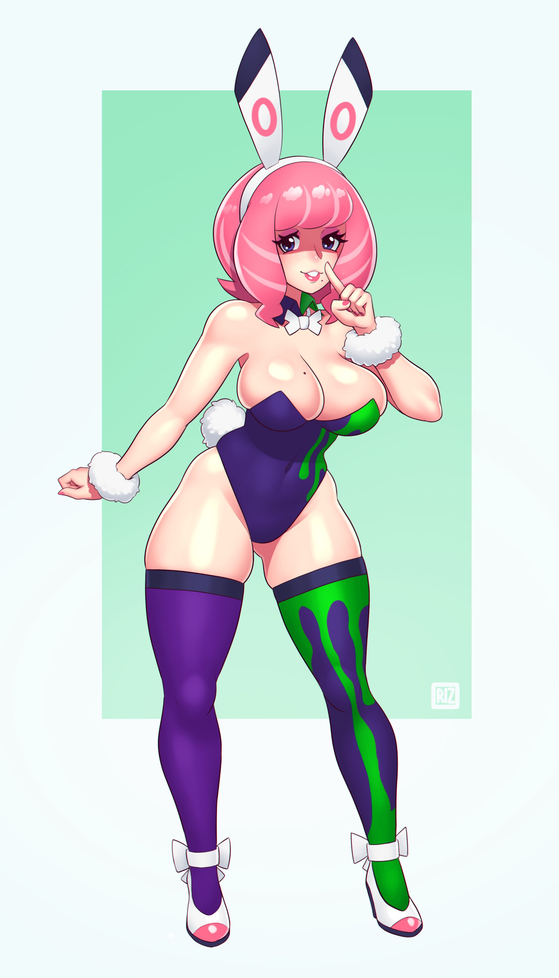 1girls, bad id, bad twitter id, beauty mark, big breasts, blue eyes, bowtie, breasts, bunny ears, bunny girl, bunny tail, bunnysuit, cleavage, curly hair, female, female focus, female only, finger to face, high heels, human, klara (pokemon), leotard, lipstick, mole, mole on breast, mole under mouth, navel, nintendo, pink hair, plain background, pokemon, pokemon ss, pokemon ss isle of armor, pumps, rizdraws, short hair, shoulder length hair, solo, solo female, solo focus, tail, thick thighs, thighhighs, thighs, tight clothing, wristband, year request