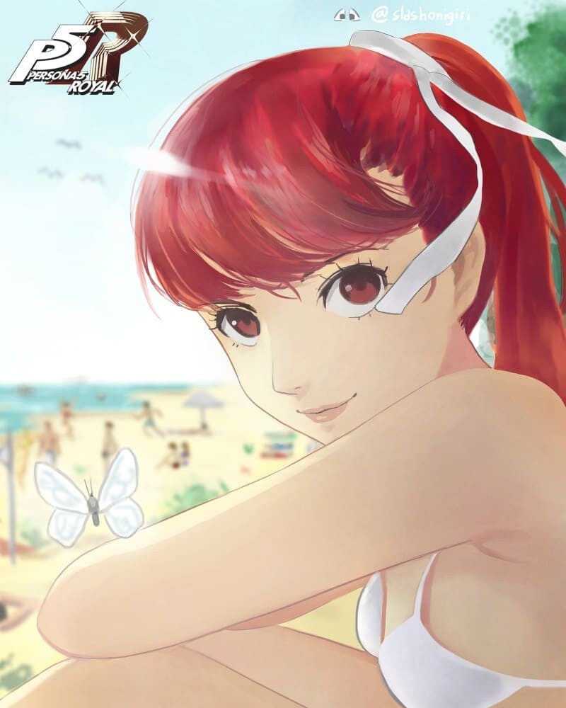 1girls, atlus, beach, bikini, blurry background, butterfly, female, kasumi yoshizawa, looking at viewer, persona, persona 5, persona 5 royal, red eyes, red hair, sumire yoshizawa, white bikini