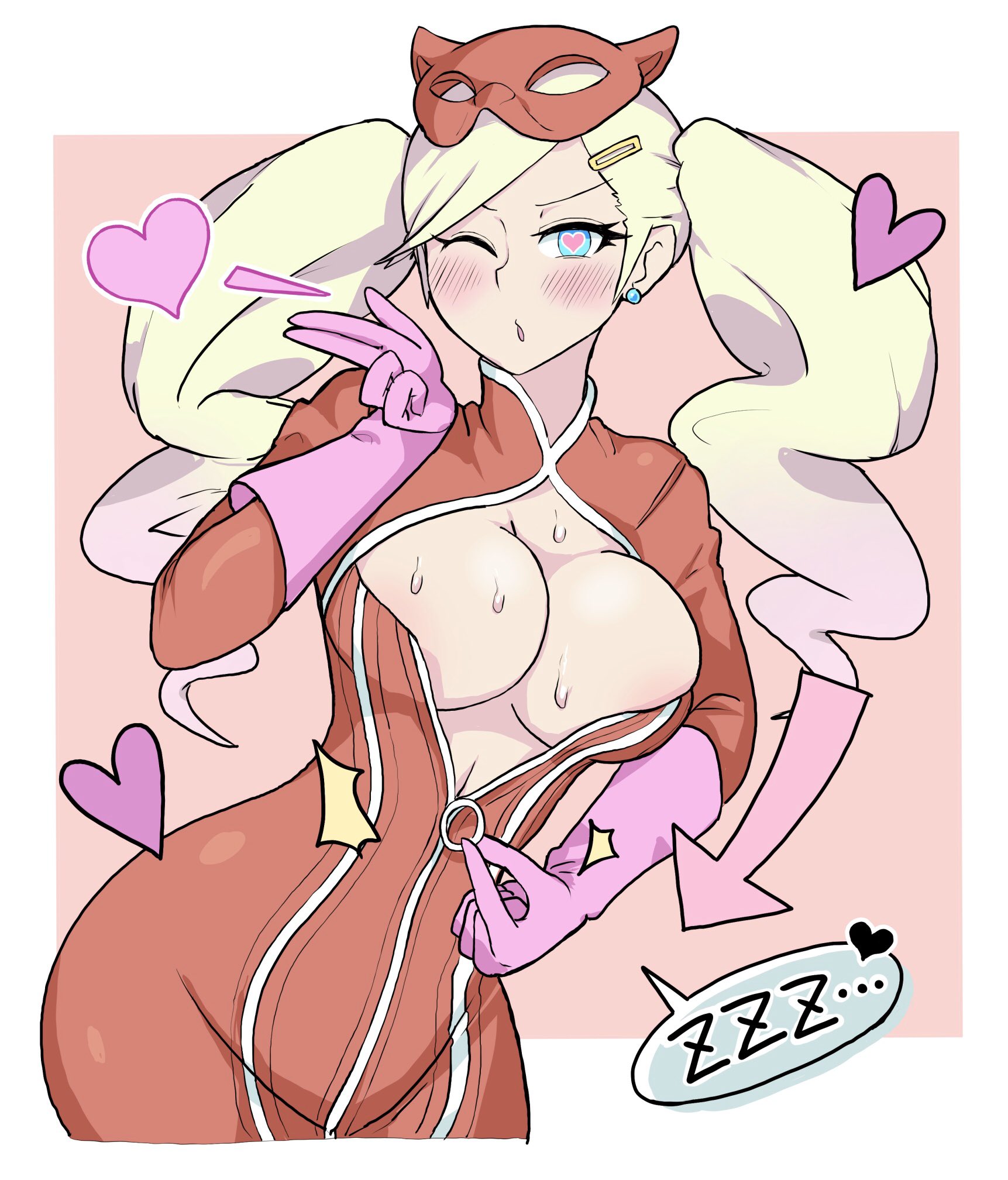 1girls, 2020, absurd res, ann takamaki, atlus, blonde hair, blue eyes, blush, bodysuit, breasts, bursting breasts, cleavage, earrings, female, female only, gloves, hairclip, heart, heart-shaped pupils, highres, large breasts, looking at viewer, mask, mask on head, navel, one eye closed, open mouth, persona, persona 5, phantom thief suit, pink background, pink gloves, red bodysuit, sega, simple background, solo, speech bubble, standing, sweat, sweating, thick thighs, thighs, twintails, unzipping, white border, white-stew, wink