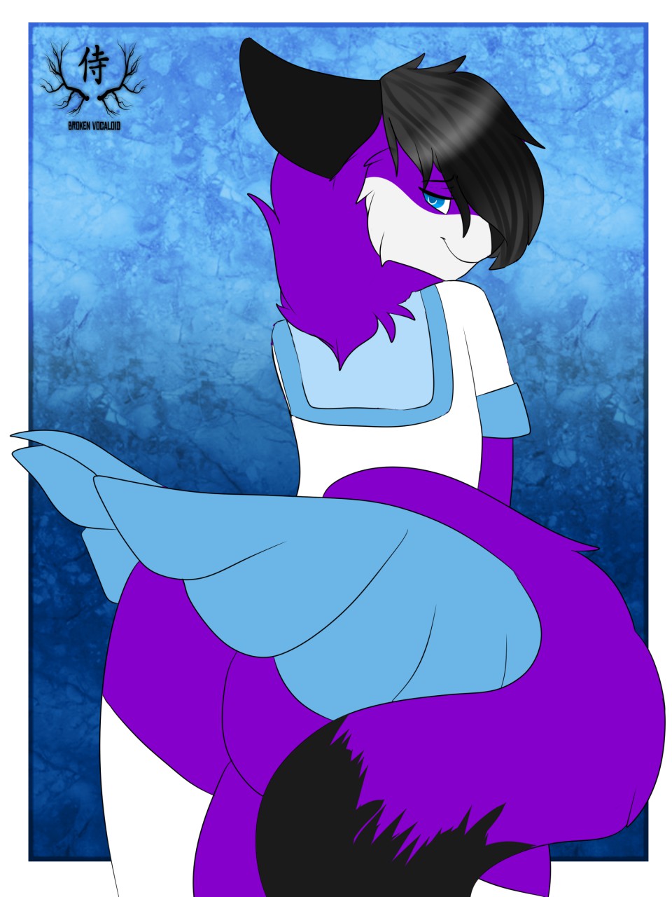 anthro ass black_hair bottomwear brokenvocaloid canid canine canis clothing costume domestic_dog elkhound fur hair hi_res looking_at_viewer looking_back_at_viewer male male_only mammal pawalo purple_body purple_fur school_uniform skirt solo spitz uniform