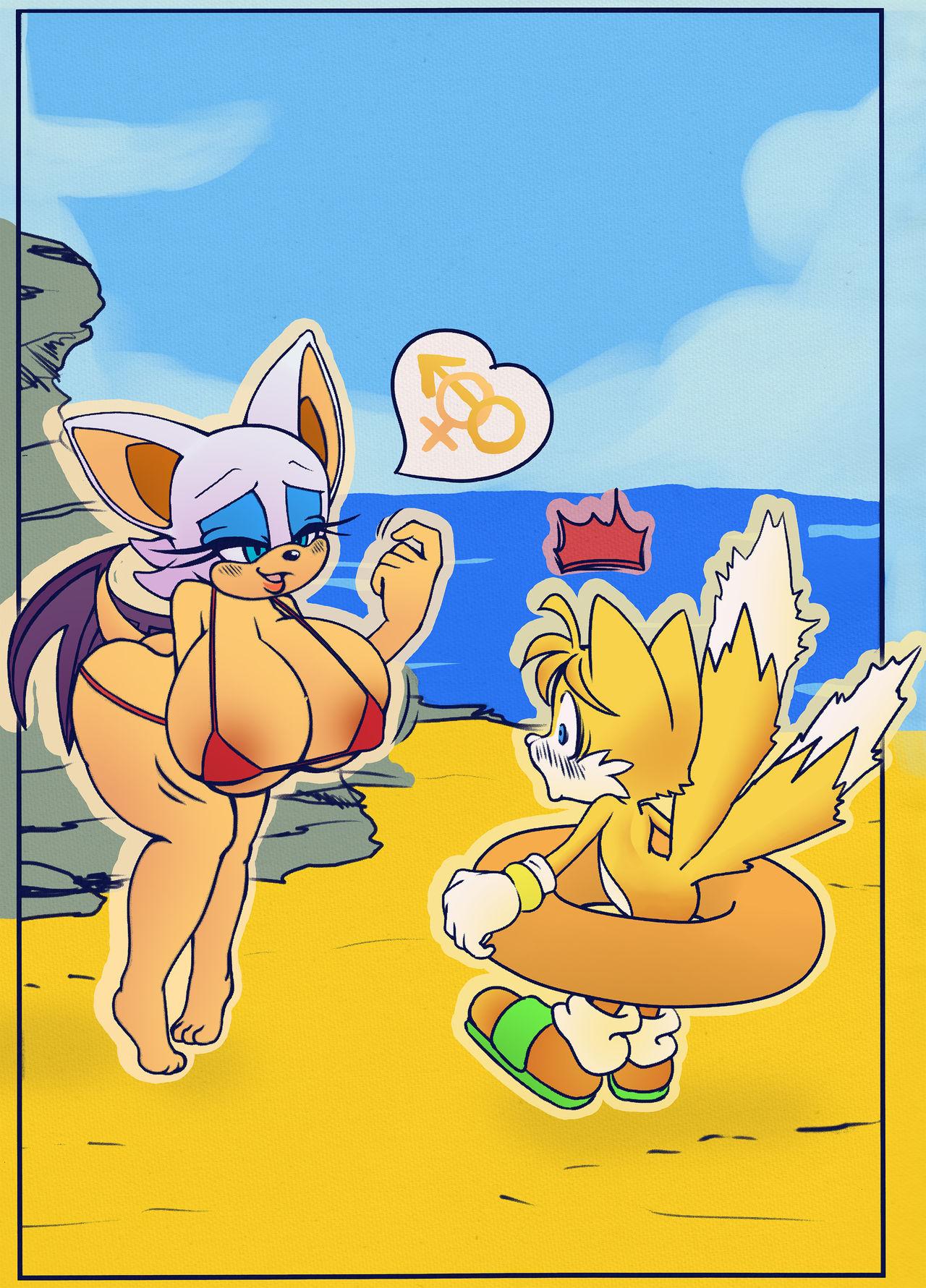 age difference, ass, bat, beach, big ass, big breasts, blush, breasts, bursting breasts, cub, erect nipples, exposed, female, footwear, fox, gloves, handwear, huge breasts, imminent sex, inviting, larger female, male, michiyoshi, mostly nude, multi tail, nipples, older female, rouge the bat, shoes, size difference, smaller male, sonic (series), sonic the hedgehog (series), swimsuit, tail, tails, tails the fox, thick thighs, two piece swimsuit, wide eyed