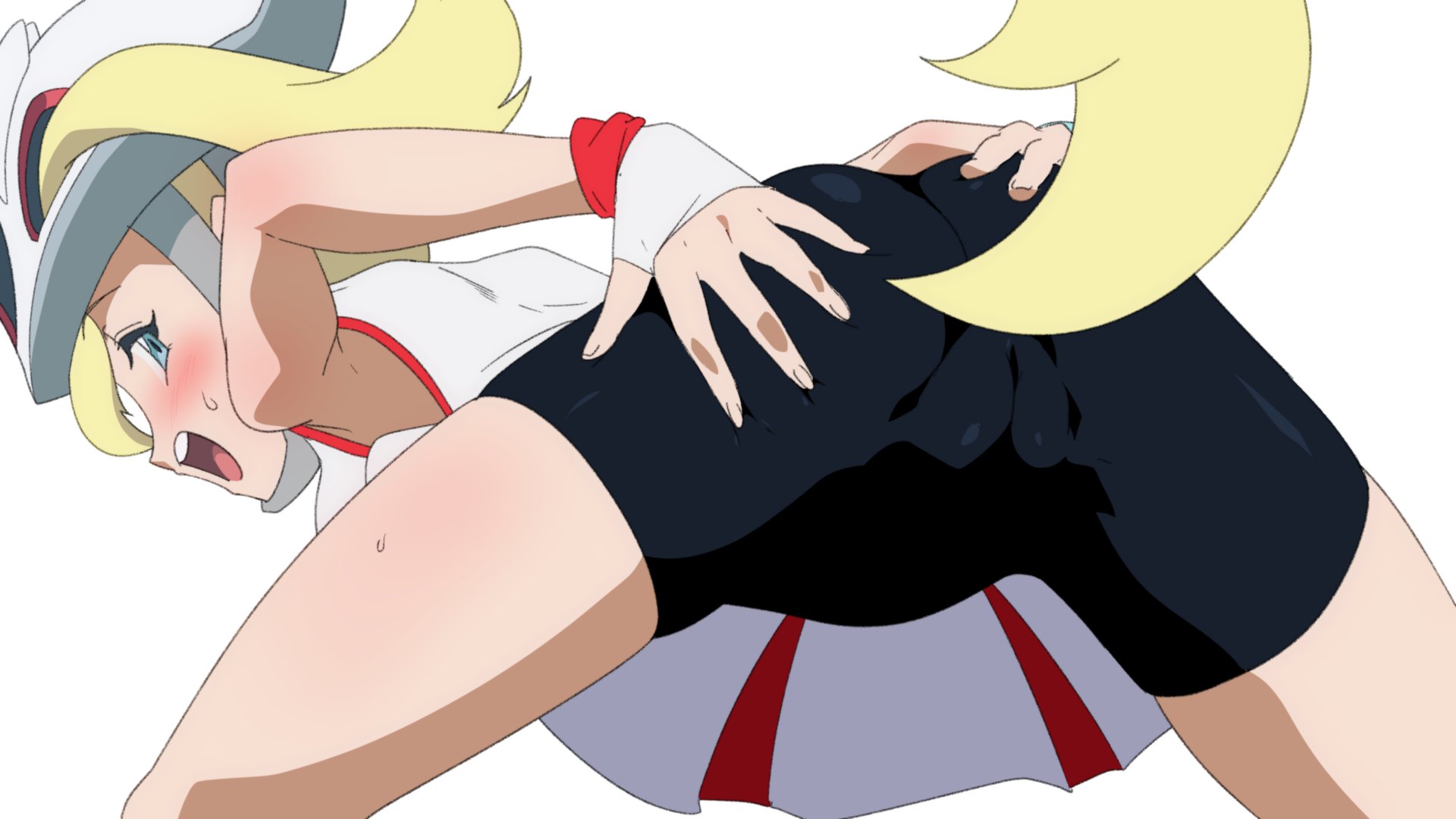 1girls, 2020, ass, behind view, bike shorts, black shorts, blonde hair, blue eyes, blush, cameltoe, corni (pokemon xy), corni (pokemon), female, gironman, gym leader, helmet, human, korrina (pokemon xy), korrina (pokemon), light skin, light-skinned female, long hair, looking back, nintendo, pale skin, pale-skinned female, pokemon, pokemon xy, pussy, shorts, shorts under skirt, skirt, spats, thick ass, thick thighs, tomboy, white background