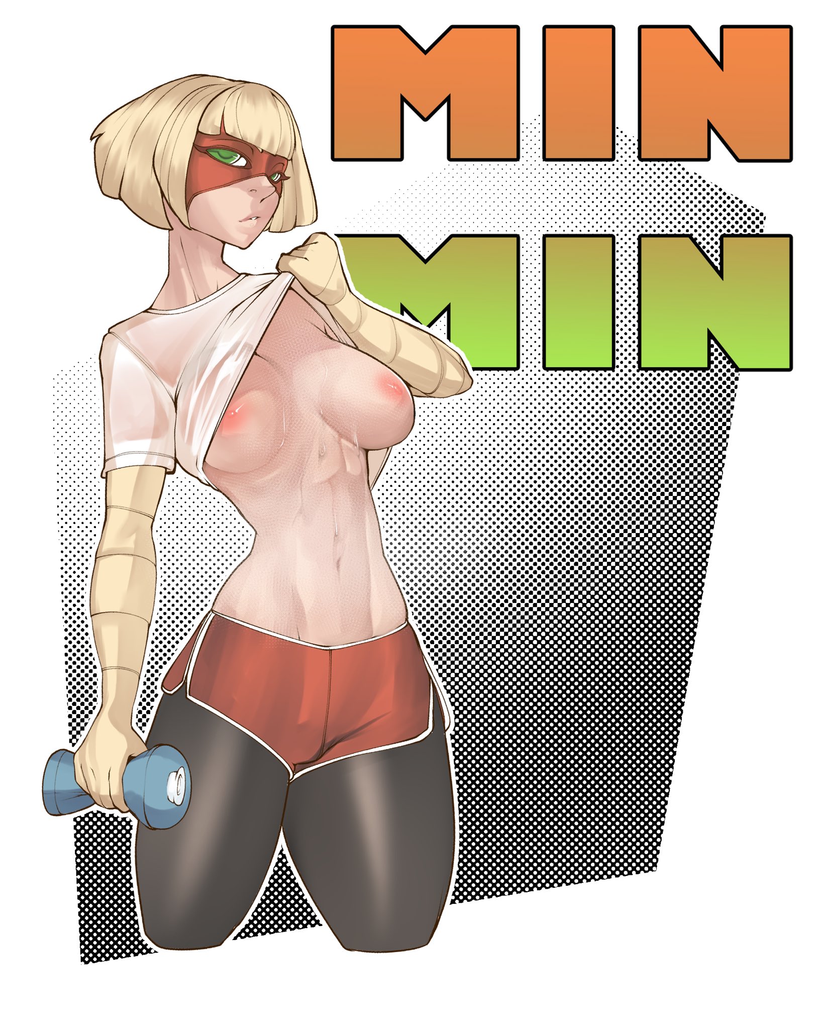 1girls, arms (game), bike shorts, blonde hair, breasts, brothbowl, female, large breasts, min min (arms), nintendo, noodledoodles, shirt lift, short hair, solo, sweat, teenager, tights