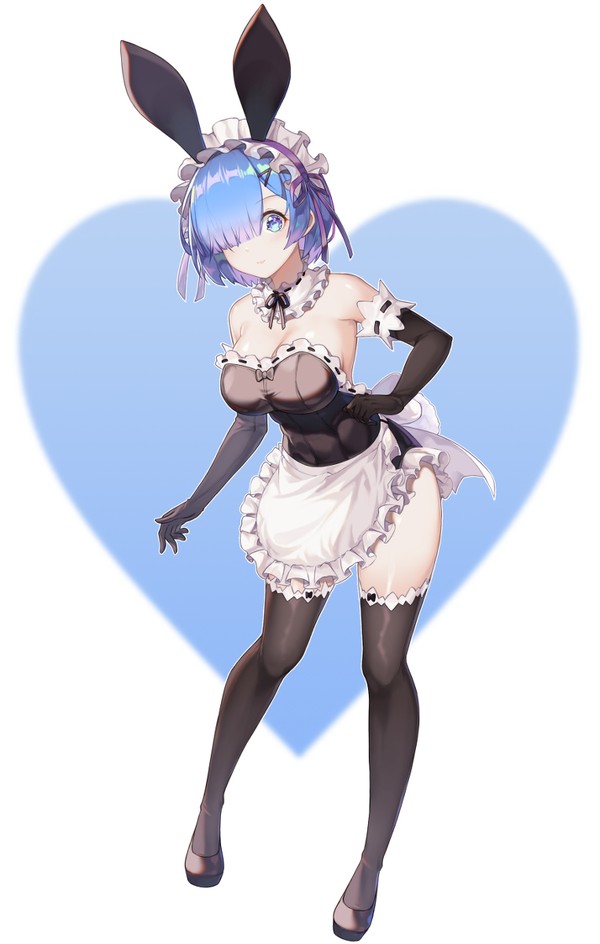 big breasts, black shoes, black sleeves, black stockings, blue eyes, blue hair, breasts, bunny ears, female, female focus, female only, gloves, happy, looking at viewer, maid, maid uniform, re:zero kara hajimeru isekai seikatsu, rem (re:zero), shoes, short hair, sleeves, stockings