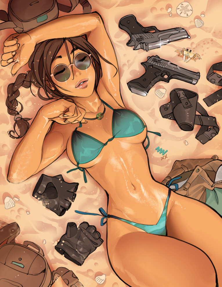 1girls arm_up armpits backpack bag beach bikini blue_bikini braid braided_hair braided_ponytail breasts breasts_apart british brown_eyes brown_hair brown_shorts closed_eyes commentary crab dusk embracer_group english_commentary european evening female female_only fingerless_gloves firearm gloves gloves_removed gun guns hair_between_eyes handgun holster jewelry lara_croft lara_croft_(classic) long_braid medium_breasts mike_nesbitt necklace oiled pink-framed_eyewear pink_lips pistol pistols ponytail reflection relaxed relaxing round_eyewear round_glasses sand seashell shiny shiny_skin shorts shorts_removed side-tie_bikini single_braid sleeping slender_waist solo sunbathing sunglasses suntan sweat swimsuit tan tanned_skin thick_thighs thighs tinted_eyewear tomb_raider underboob vashperado weapon