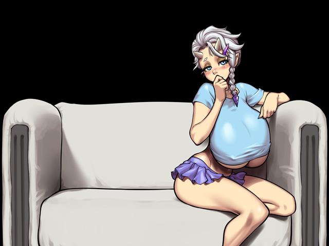 big breasts, blue shirt, blushing, braid, braided hair, breasts, couch, cow girl, elin (legend of queen opala), embarrassed, female, frilled skirt, fully clothed, hand over mouth, horns, huge breasts, legend of queen opala, long breasts, looking at viewer, miniskirt, nipple bulge, purple skirt, r ex, shirt, short skirt, short sleeves, shy, silver hair, single braid, sitting, skinny, skirt, small but busty, small horns, smaller female, sofa, solo, underboob, white hair, white horns, white skin