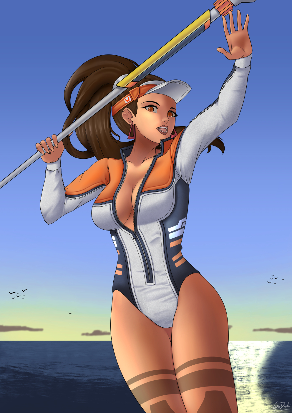 1girls alternate_costume amber_eyes awilix_(smite) breasts brown_hair cleavage deity earrings female female_only goddess godichi mayan_mythology ocean ponytail smite spear sun_visor swimsuit triangle_earrings wave_rider_awilix weapon zipper zipper_down