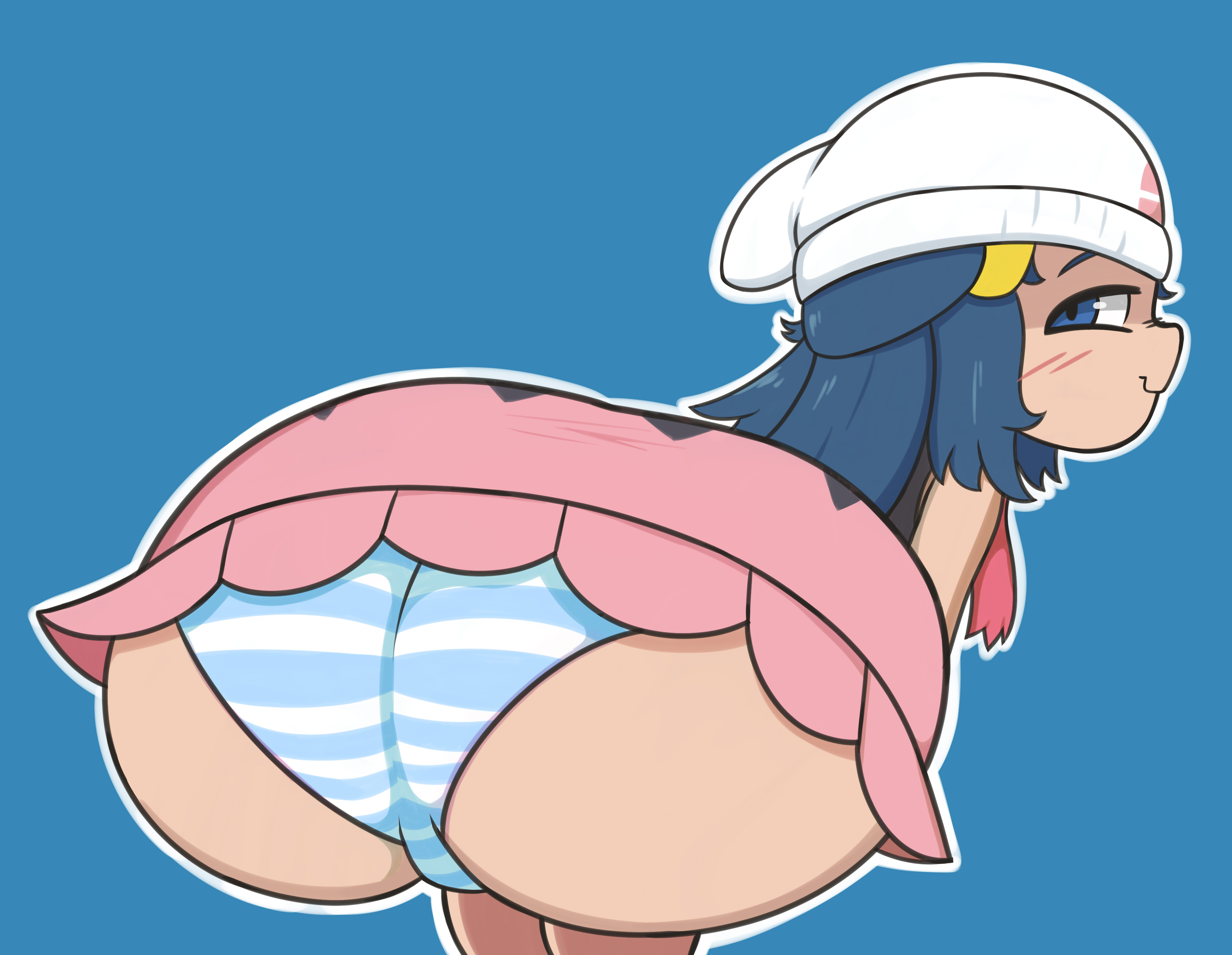 1girls, ass, ass focus, bent over, blue background, blue eyes, blue hair, blush, closed mouth, dawn (pokemon), female, from behind, hat, high resolution, huge ass, human, looking at viewer, looking back, lotikmac, nintendo, panties, pokemon, pokemon dppt, shimapan, simple background, skirt, sleeveless, solo, striped, striped panties, striped underwear, underwear, very high resolution