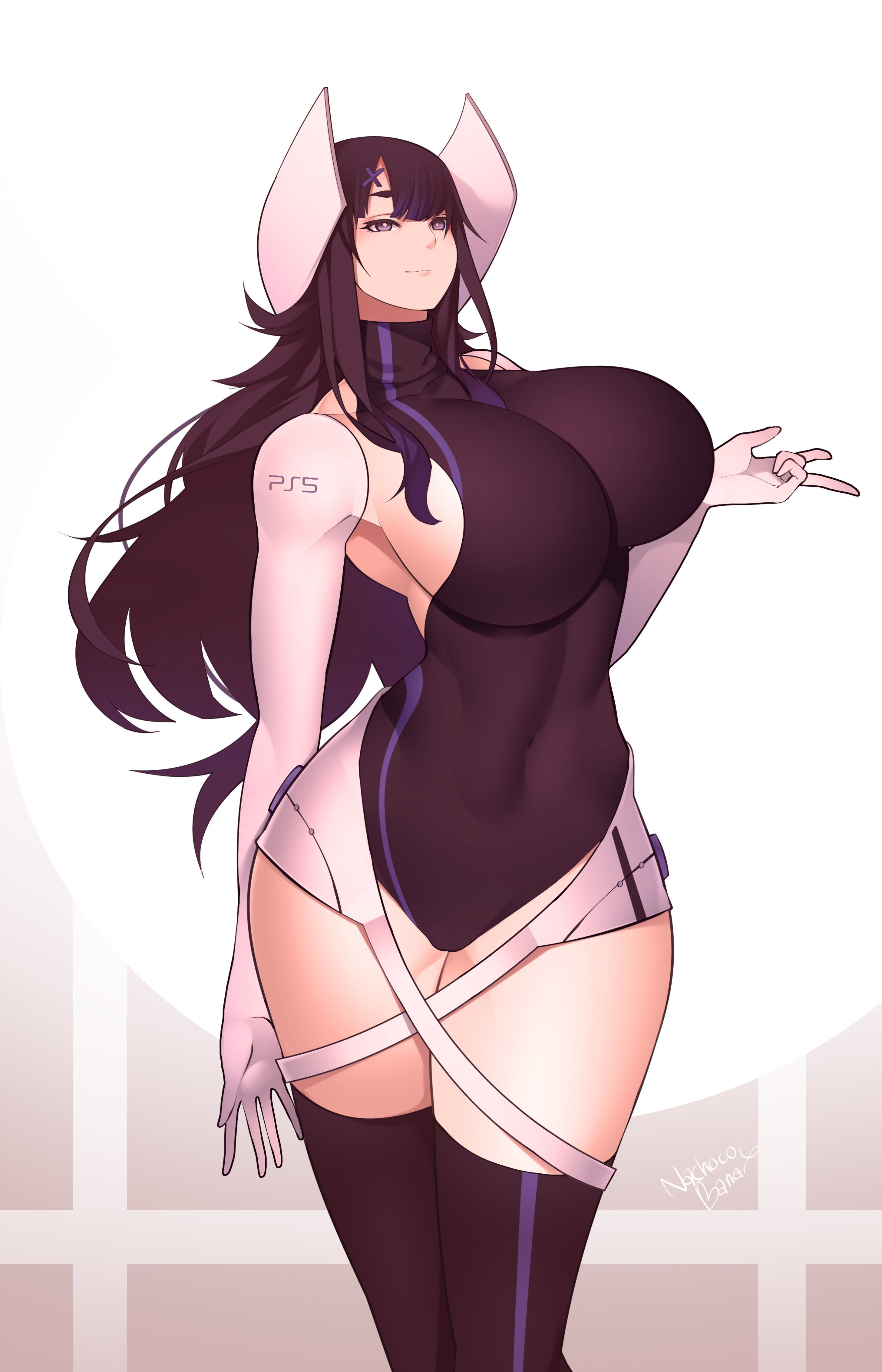 1girls, absurdres, big breasts, breasts, cleavage, console-tan, female, female only, highres, large breasts, looking at viewer, nachocobana, ps5-tan, solo, thighhighs