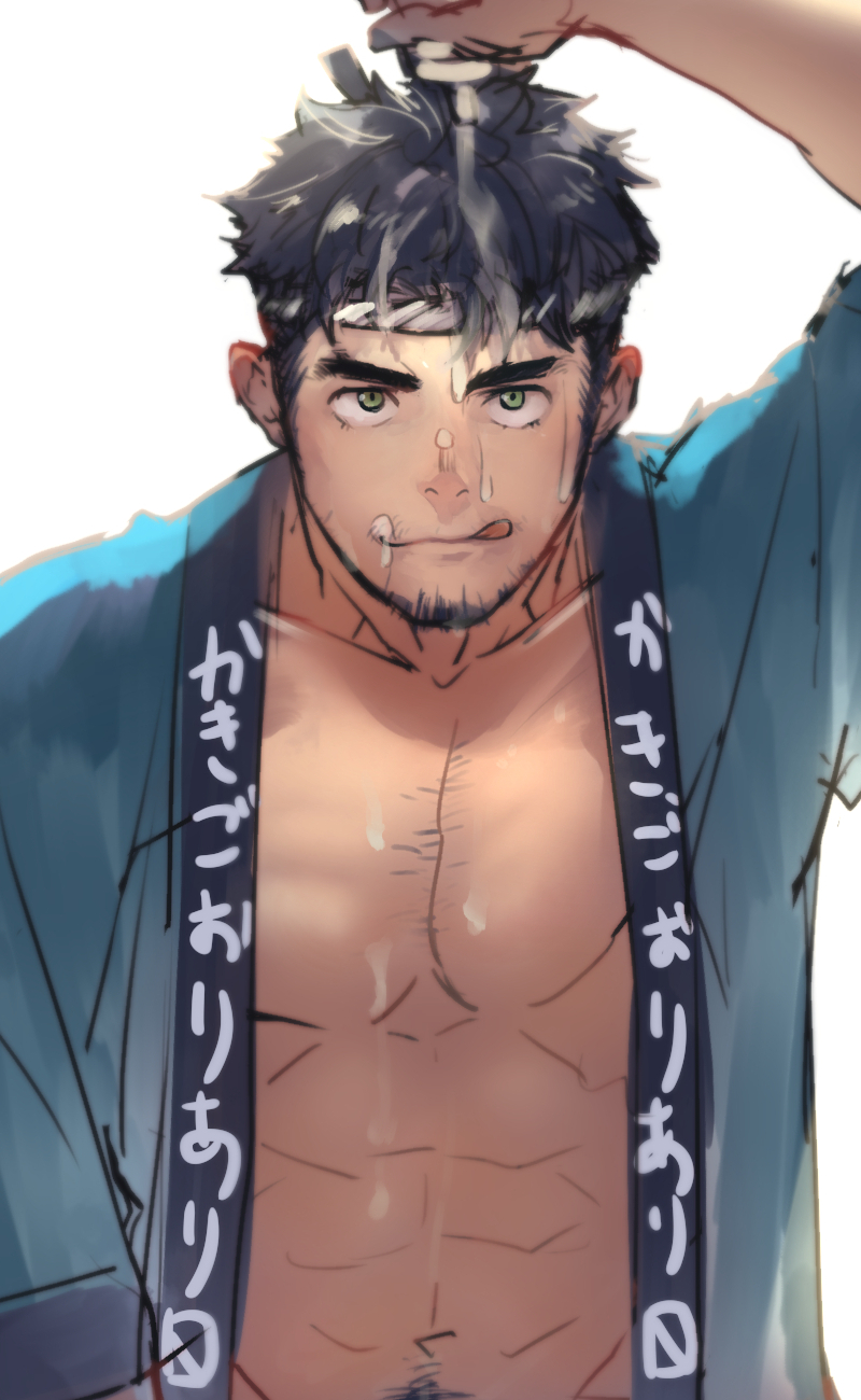 1boy :q abs bara beard chest_hair cum cum_on_body cum_on_boy cum_on_pectorals facial_hair green_eyes hachimaki haori happi headband highres japanese_clothes kimono male_cleavage male_focus mature_male muscular muscular_male navel navel_hair nipples open_clothes open_kimono original out-of-frame_censoring pectorals pouring_onto_self sexually_suggestive short_hair solo stomach suggestive_fluid tokonatu tongue tongue_out upper_body