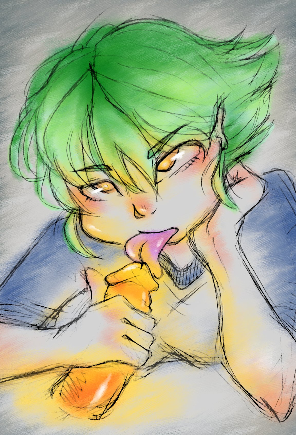 bored colored_hair cumrabbitcum fellatio green_hair just_the_tip licking_penis oral short_hair sketch soft_color soft_shading tongue_out unamused yellow_eyes yellow_penis