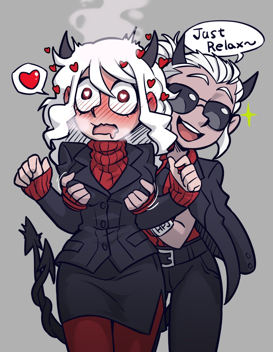 2demons, 2girls, aviator sunglasses, belt buckle, black horns, black jacket, black pants, blush, breast grab, breasts, buckle, centinel303, demon, demon girl, demon horns, demon tail, drooling, female, fingerless gloves, full-face blush, gloves, grabbing, grabbing another's breast, grabbing from behind, groping, heart, heart-shaped pupils, heavy breathing, helltaker, highres, horns, intertwined tails, jacket, jacket on shoulders, justice (helltaker), long hair, medium breasts, modeus (helltaker), multiple females, multiple girls, pants, pantyhose, pencil skirt, prehensile tail, red eyes, red gloves, red shirt, red sweater, ribbed sweater, shirt, short sleeves, side slit, simple background, skirt, sleeves past wrists, smile, spoken heart, sunglasses, surprised, sweater, symbol-shaped pupils, tail, tinted eyewear, white hair, yuri