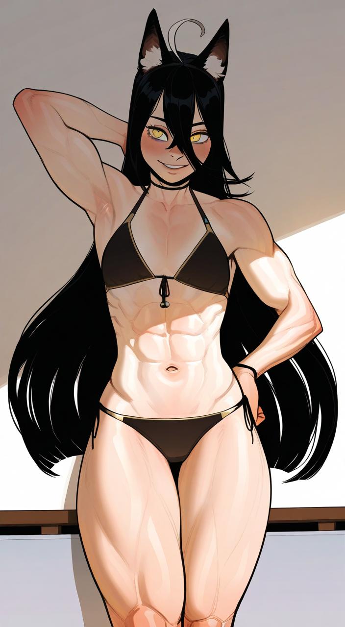 1girls, black bikini, female, female only, manhattan cafe (umamusume), muscular female, smile, umamusume, umamusume pretty derby