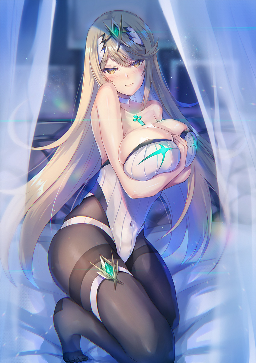 1girls blonde_hair blush breast_grab cleavage inoue_takuya_(pixiv_99697) kneeling large_breasts long_hair mythra_(xenoblade) nintendo pantyhose solo xenoblade_(series) xenoblade_chronicles_2