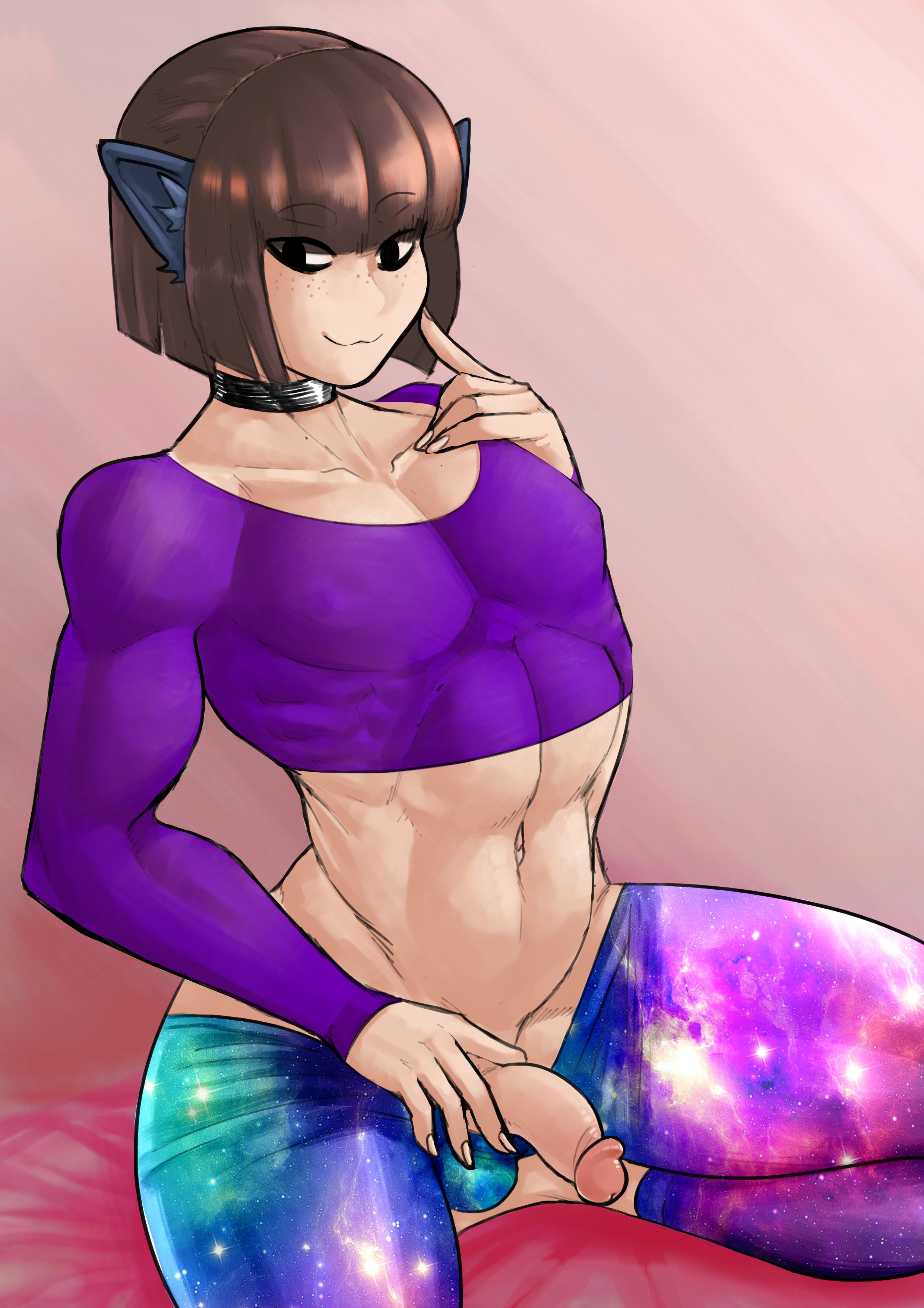 1boy, ambush (trap), axred7, crop top, femboy, flaccid, girly, long sleeves, male, muscular, nekomimi, penis, penis out, short hair, skin tight, smile, solo, star print, yoga pants