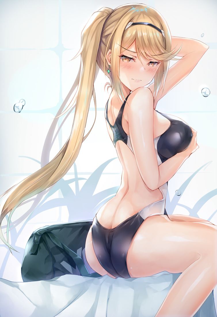 1girls angry arms_up ass blonde_hair breast_grab inoue_takuya_(pixiv_99697) long_hair mythra_(xenoblade) nintendo one-piece_swimsuit ponytail sideboob sitting solo swimsuit thick_thighs wet xenoblade_(series) xenoblade_chronicles_2