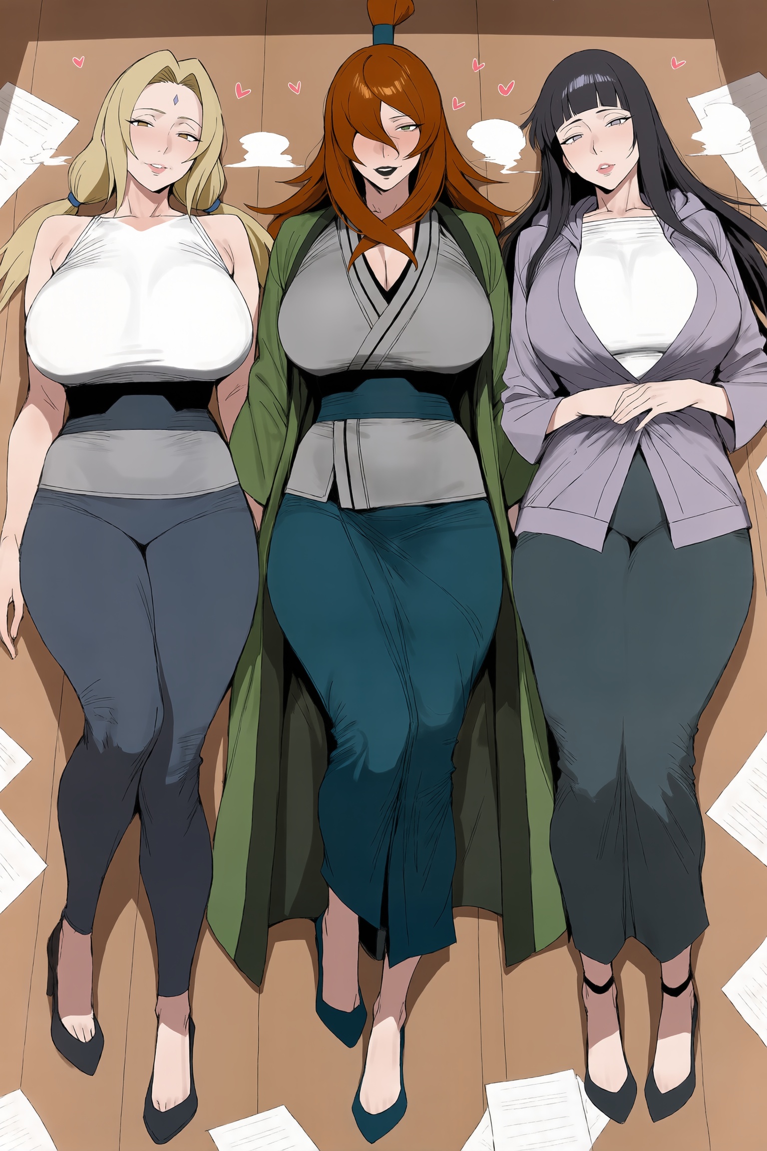 3girls, ai generated, black hair, blonde hair, blush, book, boruto, boruto: naruto next generations, breasts, brown hair, cleavage, curvy, female, female only, heart, hi res, high heels, high quality, high resolution, huge breasts, hyuuga hinata, long hair, looking at viewer, mature, mei terumi, mole, multiple girls, naruto (series), pants, paper, patreon, seductive, sexy, skirt, sleeveless, terumi mei, tsunade, tsunade (naruto), uncensored, uzumaki hinata