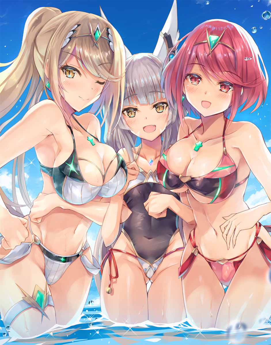 3girls bikini black_one-piece_swimsuit black_swimsuit blonde_hair breasts cat_ears catgirl clouds core_crystal covered_navel earrings facial_markings grey_hair hinot in_water inoue_takuya_(pixiv_99697) large_breasts locked_arms looking_at_viewer midriff mythra_(xenoblade) navel nia_(blade)_(xenoblade) nia_(xenoblade) nintendo ocean one-piece_swimsuit outside ponytail pyra_(xenoblade) red_bikini red_eyes red_hair red_swimsuit short_hair sky small_breasts swimsuit tiara twintails water white_bikini white_swimsuit winking winking_at_viewer xenoblade_(series) xenoblade_chronicles_2 yellow_eyes