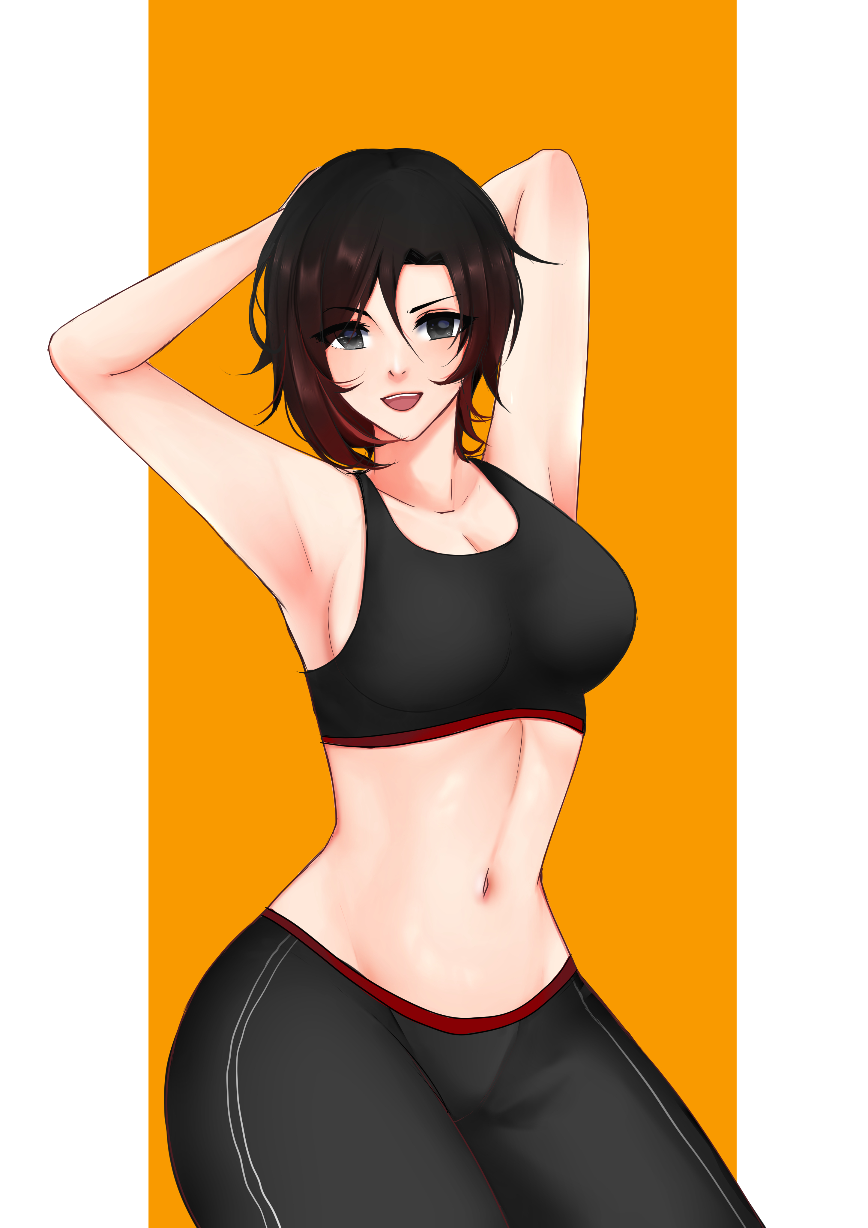 1girls, background, belly button, breasts, day an, female, female only, gym uniform, hands behind head, nose, open mouth, pose, red hair, ruby rose, rwby, short hair, silver eyes, simple background, smiling, solo, sports bra, sportswear, teeth, white skin