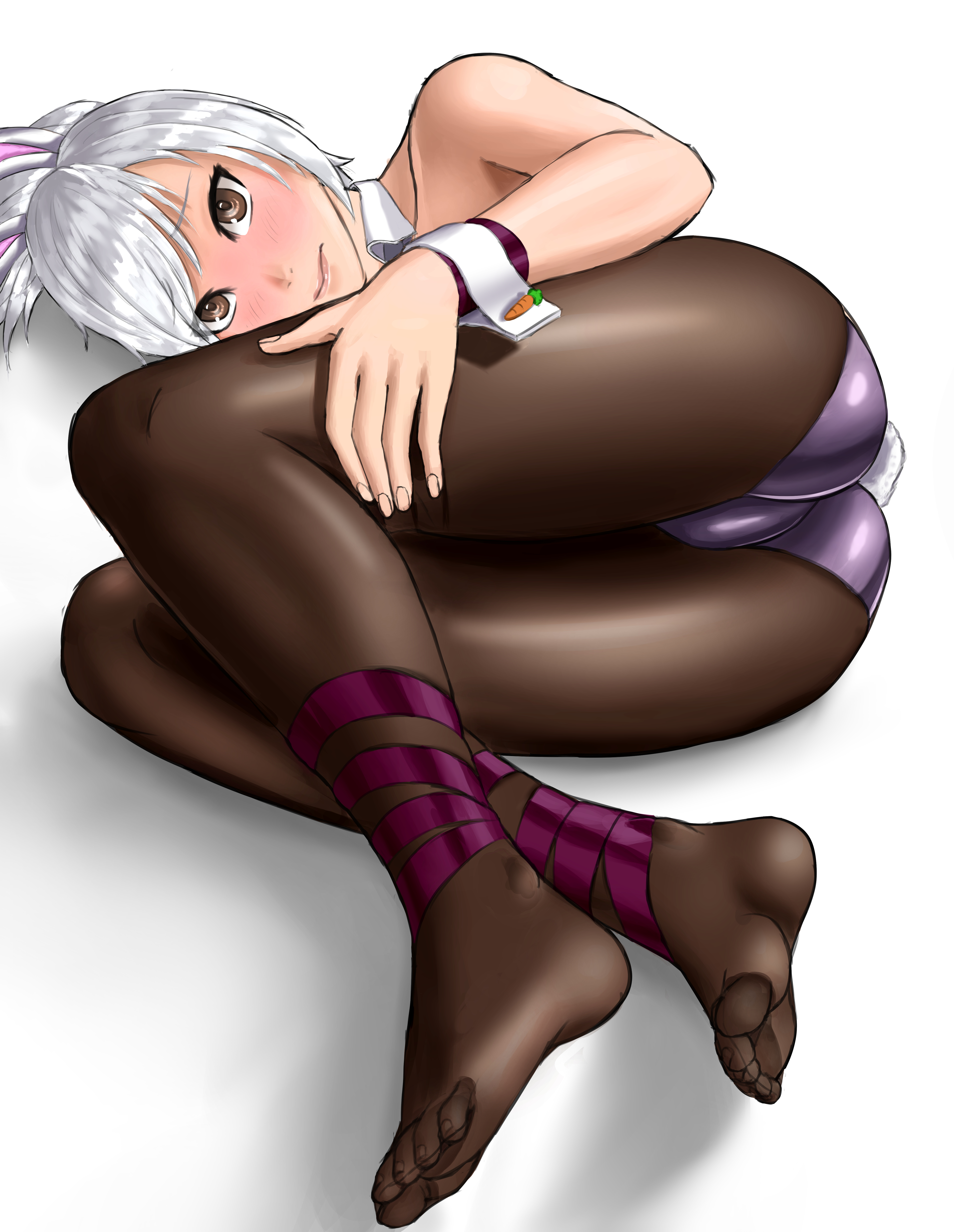 1girls, blush, brown eyes, bunny ears, bunny girl, bunnysuit, embarrassed, feet, female, female only, kaukase, league of legends, lying, lying on side, pantyhose, riven, shiny, silver hair, solo, thighs, tights