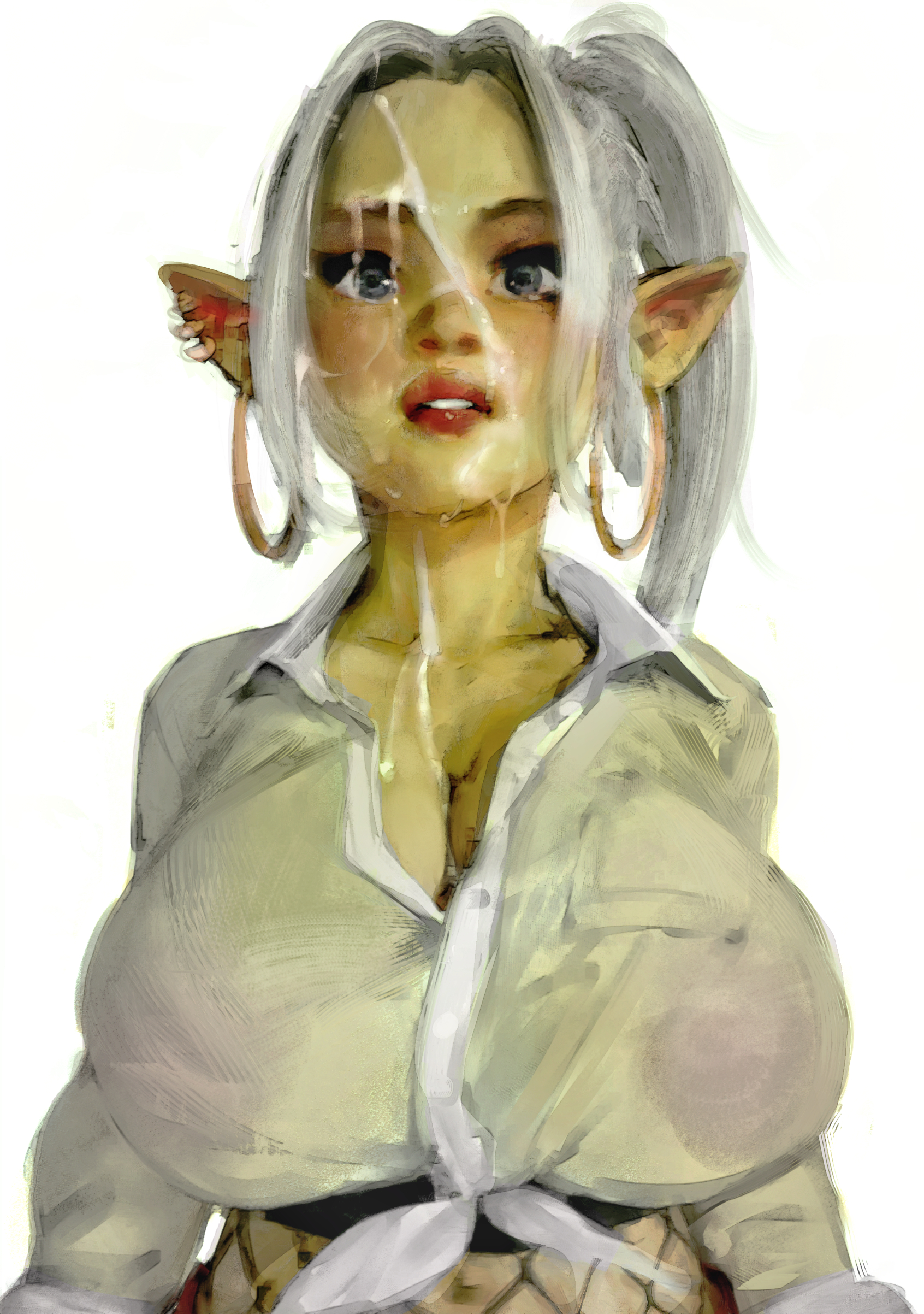 1girls, breasts, bust portrait, busty, cleavage, cum on face, diathorn, fantasy, female, female focus, goblin, goblin female, green skin, huge breasts, lips, long hair, looking at viewer, no bra, pointy ears, see-through, solo, solo female, white background, white hair, white shirt