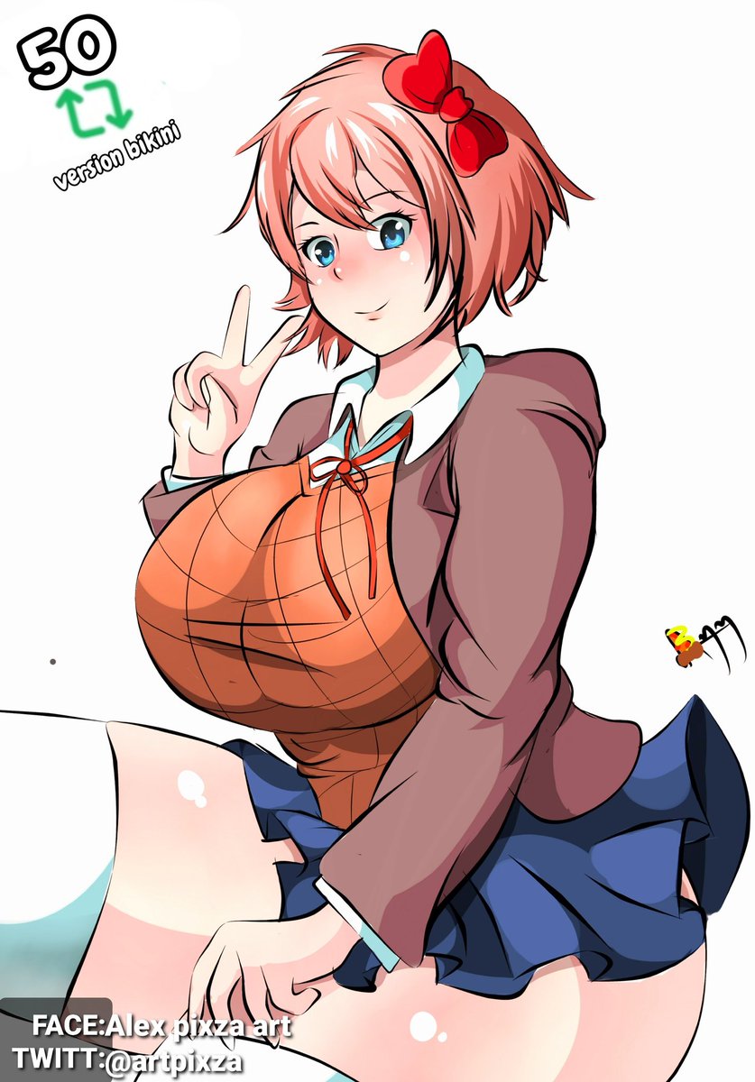 big breasts, blue eyes, blush, bow, breasts, doki doki literature club, eyebrows visible through hair, female, hairbow, hyper thighs, just sayori, large breasts, massive thighs, peace sign, pixzapix, red bow, sayori (doki doki literature club), school uniform, schoolgirl, simple background, smiling, solo, thick thighs, thighs, thunder thighs