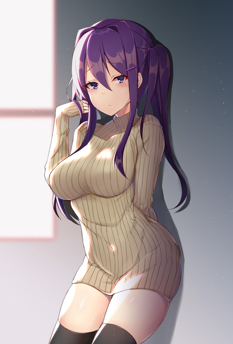against wall, big breasts, blush, breasts, cute, doki doki literature club, female, female only, hand behind back, long hair, looking at viewer, no pants, purple eyes, purple hair, shy, solo, stockings, sunlight, sweater, thick thighs, tied hair, twirling hair, window, yuri (doki doki literature club), zuzu (artist)