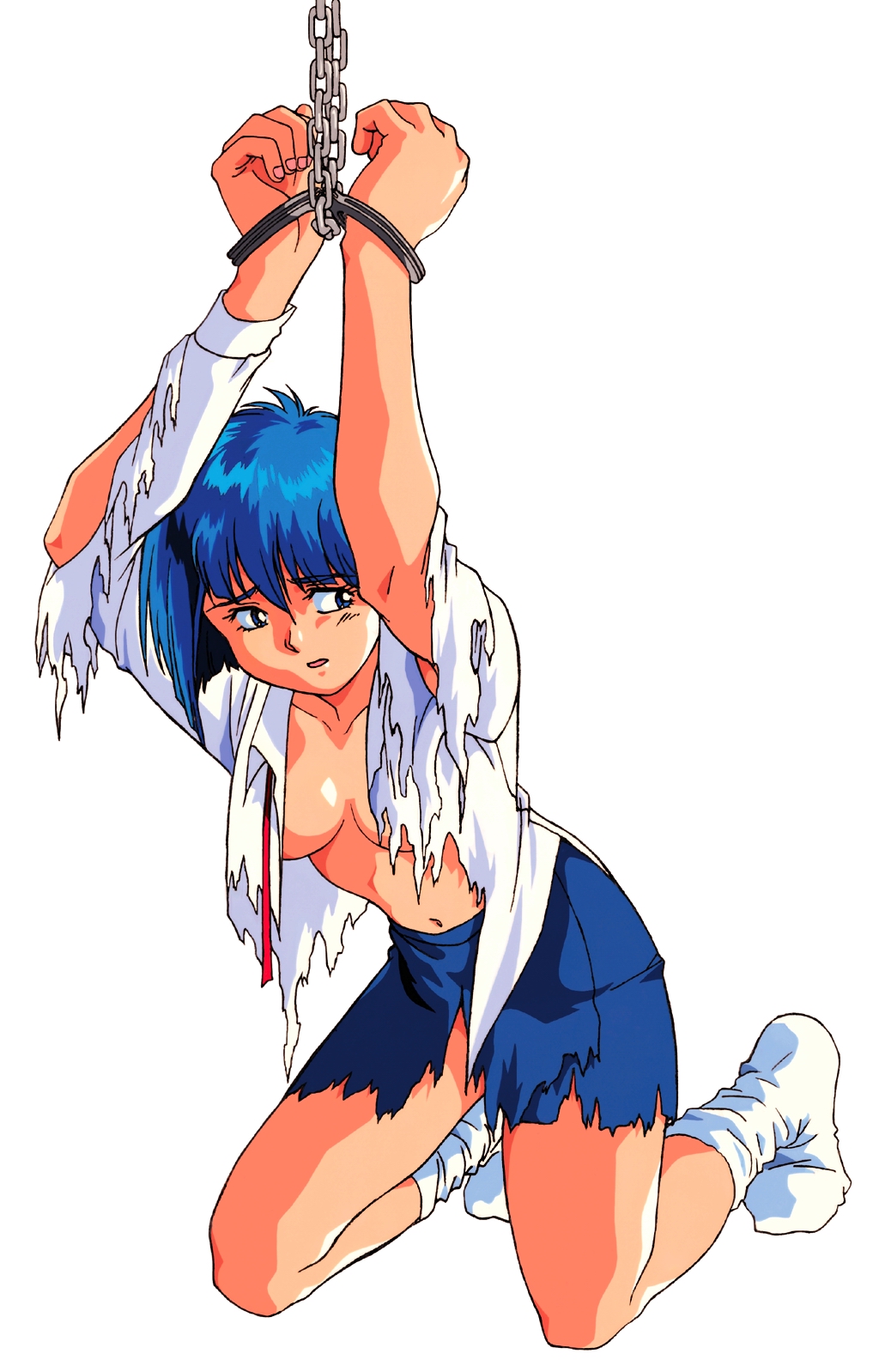 1girls 90s areolae armpits bare_arms blue_eyes blue_hair bob_cut bondage bound bound_wrists breasts chains cleavage clothing eyebrows_visible_through_hair female female_only handcuffs highres kneeling komori_takahiro matching_hair/eyes medium_breasts navel no_bra official_art open_clothes open_mouth open_shirt restrained shirt short_hair simple_background skirt socks sogna solo thighs torn_clothes torn_shirt viper_(series) viper_v10 white_background yuki_(viper)