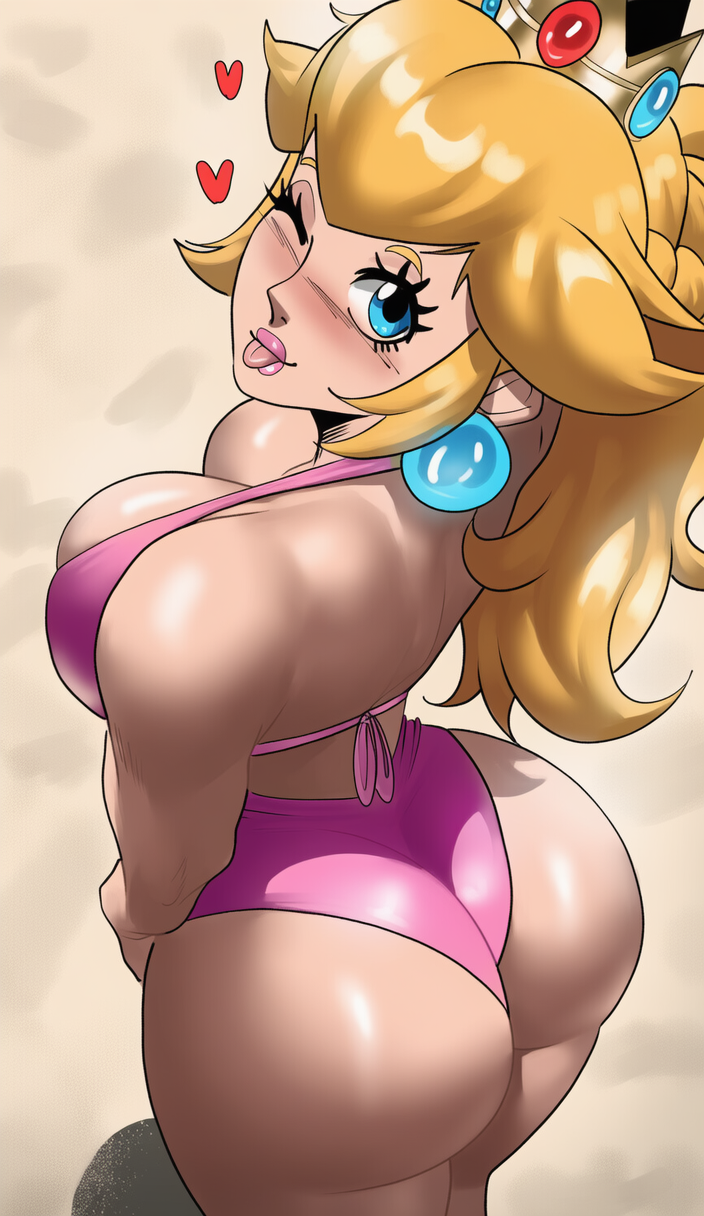 1girls, beach, big ass, big breasts, big butt, bikini, blonde hair, busty, cute, echosaber, fat ass, high angle, hip cleavage, long hair, looking at viewer, looking over shoulder, looking up at viewer, mario (series), naughty face, pink bikini, princess peach, sexy, super mario bros., teasing, thick thighs, wink, winking at viewer