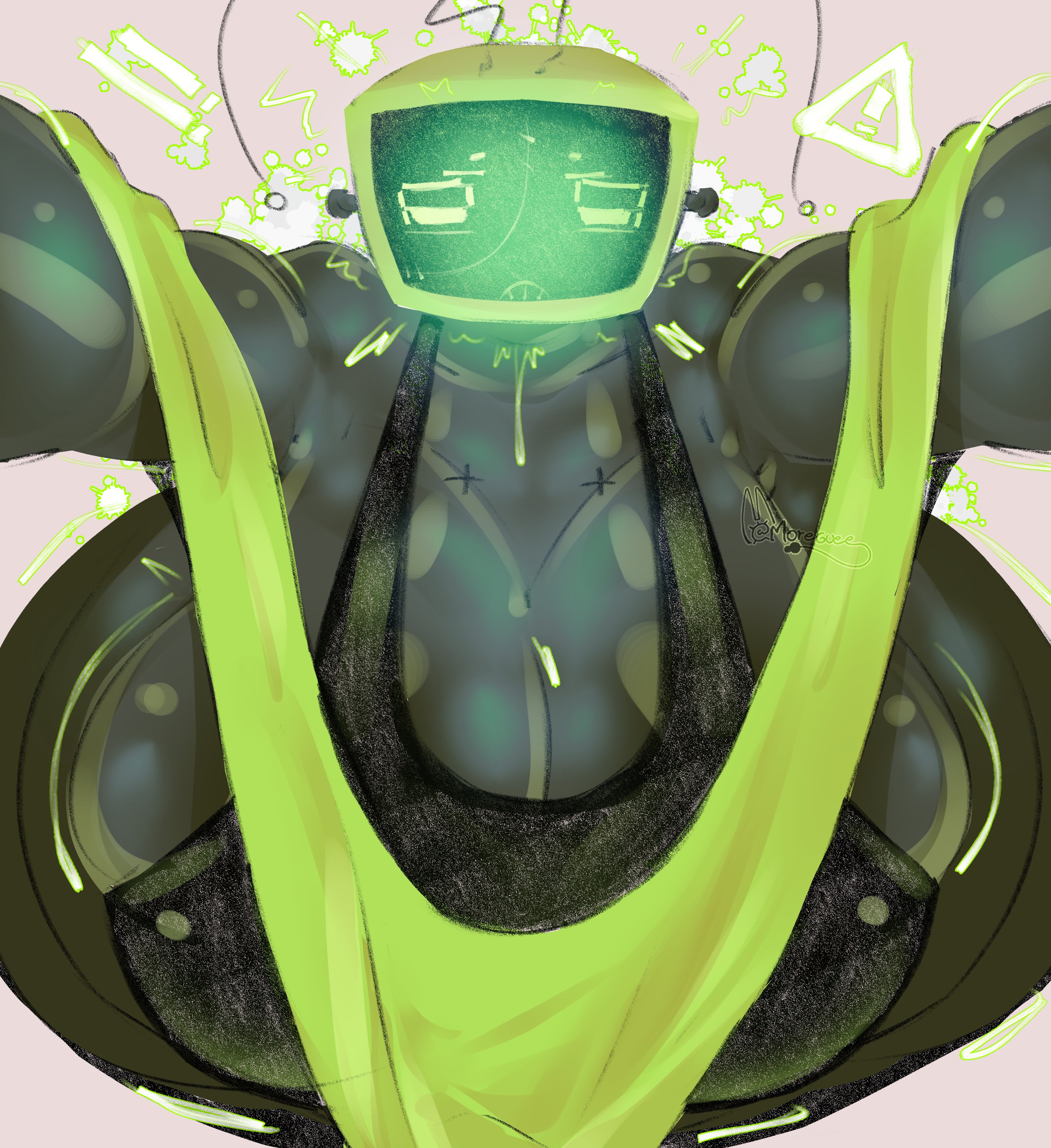 1girl, 1girls, antennae, big breasts, black body, black bra, black skin, boobs, boobs close-up, breasts, breasts bigger than head, breasts spilling out, clothed, clothed female, dandy's world, danger sign, exclamation mark, female, female focus, female only, giant breasts, grabbing viewer, hanging breasts, horny, horny female, huge breasts, looking at viewer, no sex, pent up, roblox, roblox game, robot, robot girl, sideboob, solo, solo female, solo focus, tv, tv head, tv screen, vee (dandy's world)