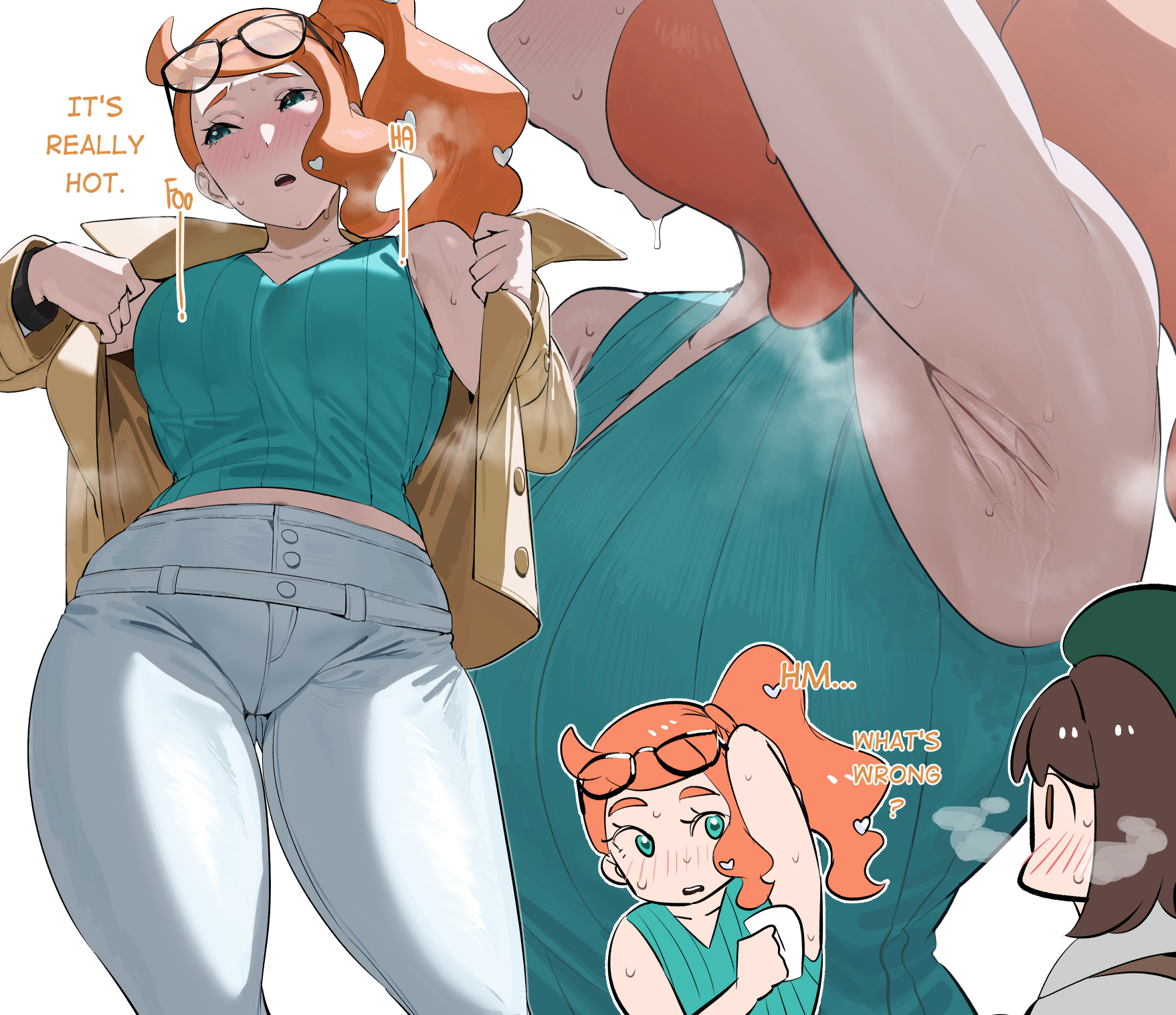 2girls, armpit fetish, armpits, blue eyes, blush, brown eyes, brown hair, clothed, clothing, coat, dialogue, fully clothed, ginger, glasses, gloria (pokemon), hair accessory, hat, jeans, light-skinned female, looking to the side, okpriko, open mouth, orange hair, pokemon, pokemon ss, ponytail, sonia (pokemon), sweat, sweaty armpits, text, thick thighs, towel, wide hips