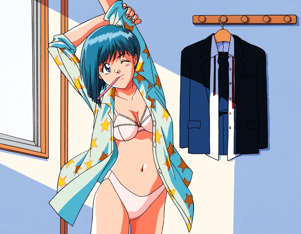 1girls 90s arm_grab arms_up bare_arms blue_eyes blue_hair bob_cut bra breasts cleavage clothing eyebrows_visible_through_hair female female_only highres indoors komori_takahiro matching_hair/eyes medium_breasts mouth_hold navel official_art one_eye_closed open_clothes open_shirt pajamas panties shirt short_hair smile sogna solo standing star star_print stretching suit thighs toothbrush underwear viper_(series) viper_v10 white_bra white_panties window yuki_(viper)