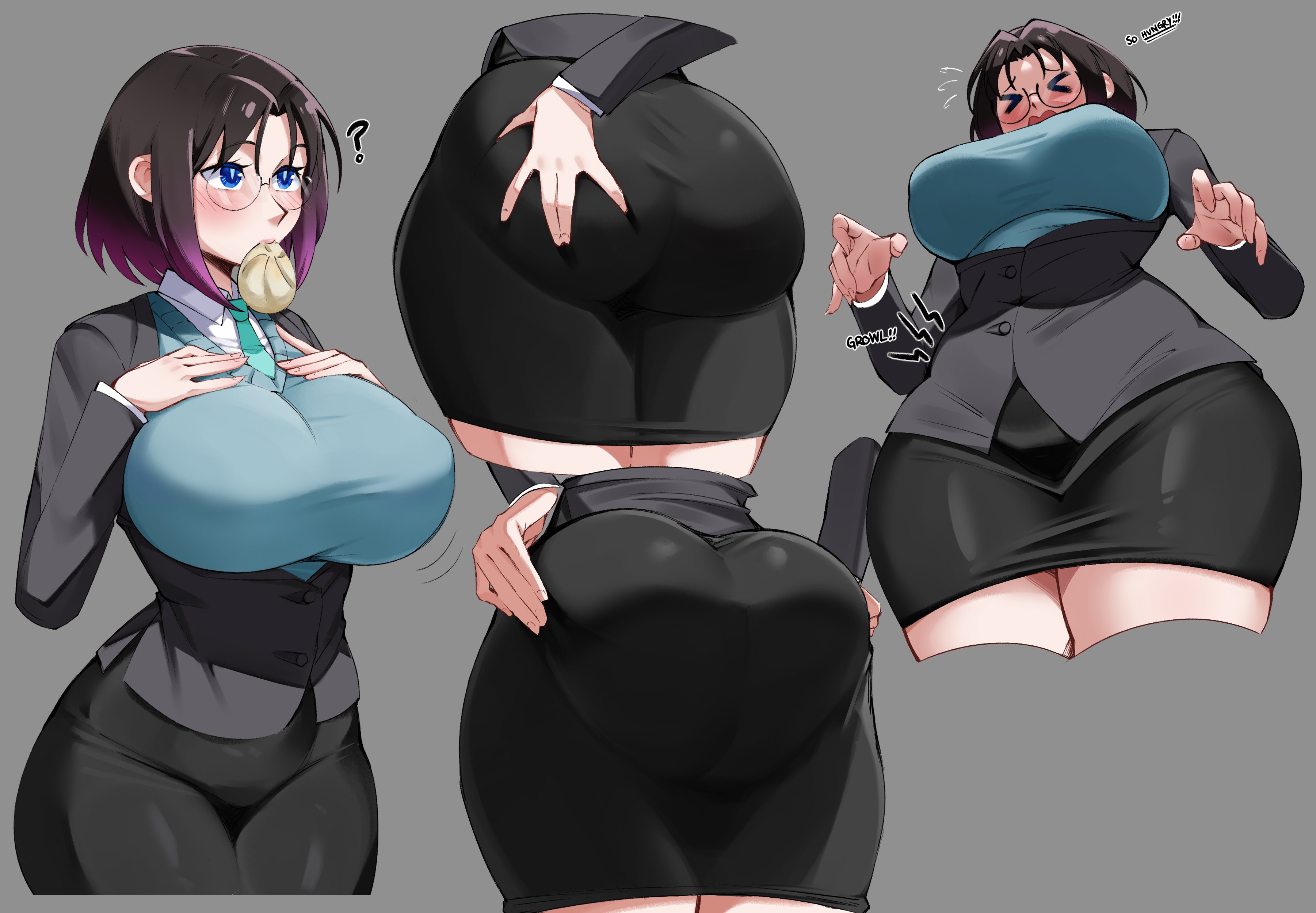 ?, 1girls, ass, ass shot, ass support, big ass, big breasts, black shirt, black skirt, blue eyes, bottomwear, breasts, bursting breasts, clarkekitsp, closed eyes, dat ass, elma (dragon maid), english, english text, eyewear, female, female only, food in mouth, glasses, hair, hand on ass, hands on ass, huge ass, huge breasts, hungry, low-angle view, miss kobayashi's dragon maid, office clothing, office lady, pencil skirt, purple hair, question mark, shirt, skirt, solo, solo female, text, topwear