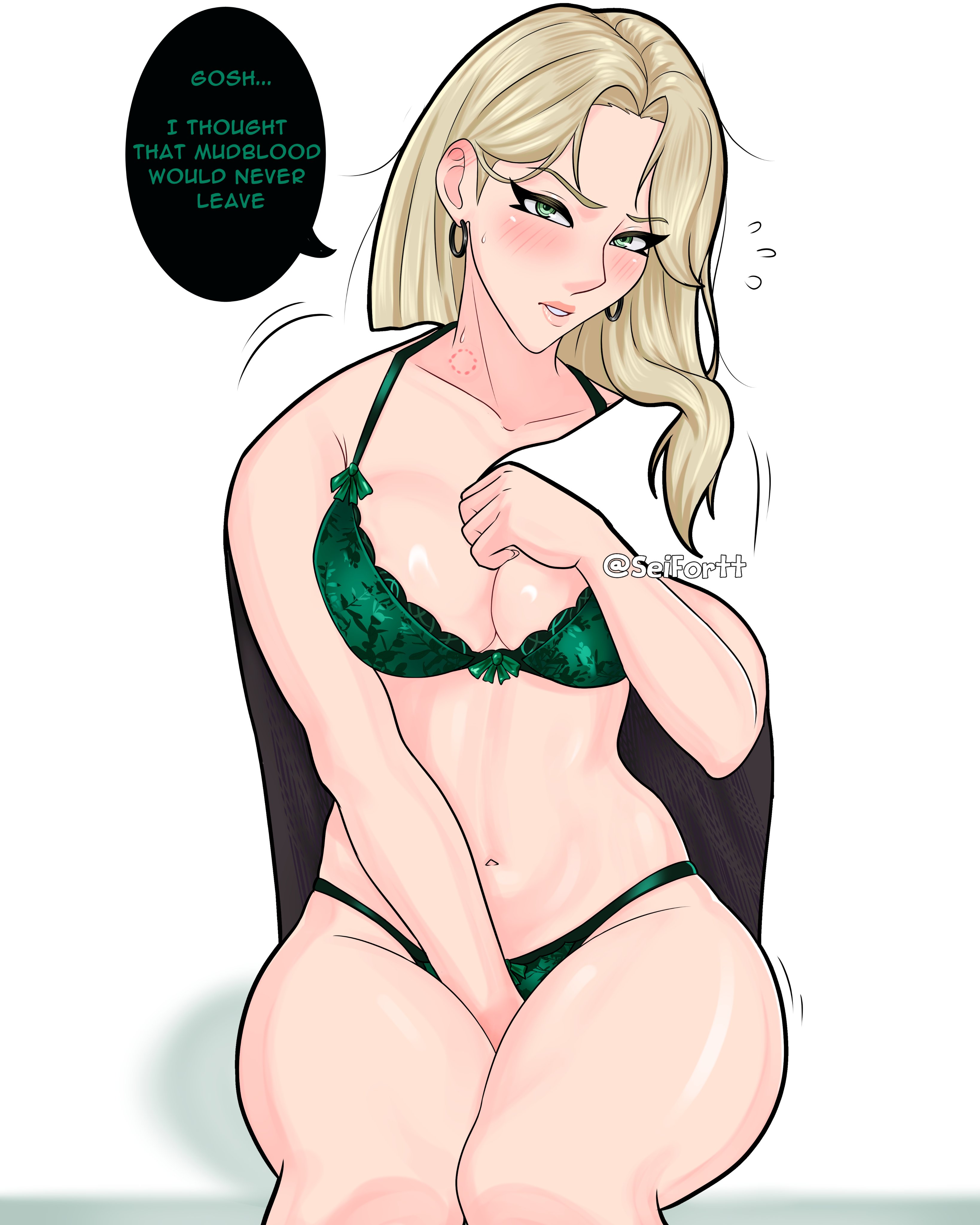 big breasts, blonde hair, cleavage, draco malfoy, draco malfoy (redteneri), female, female only, harry potter, rule 63, seifortt, thick thighs
