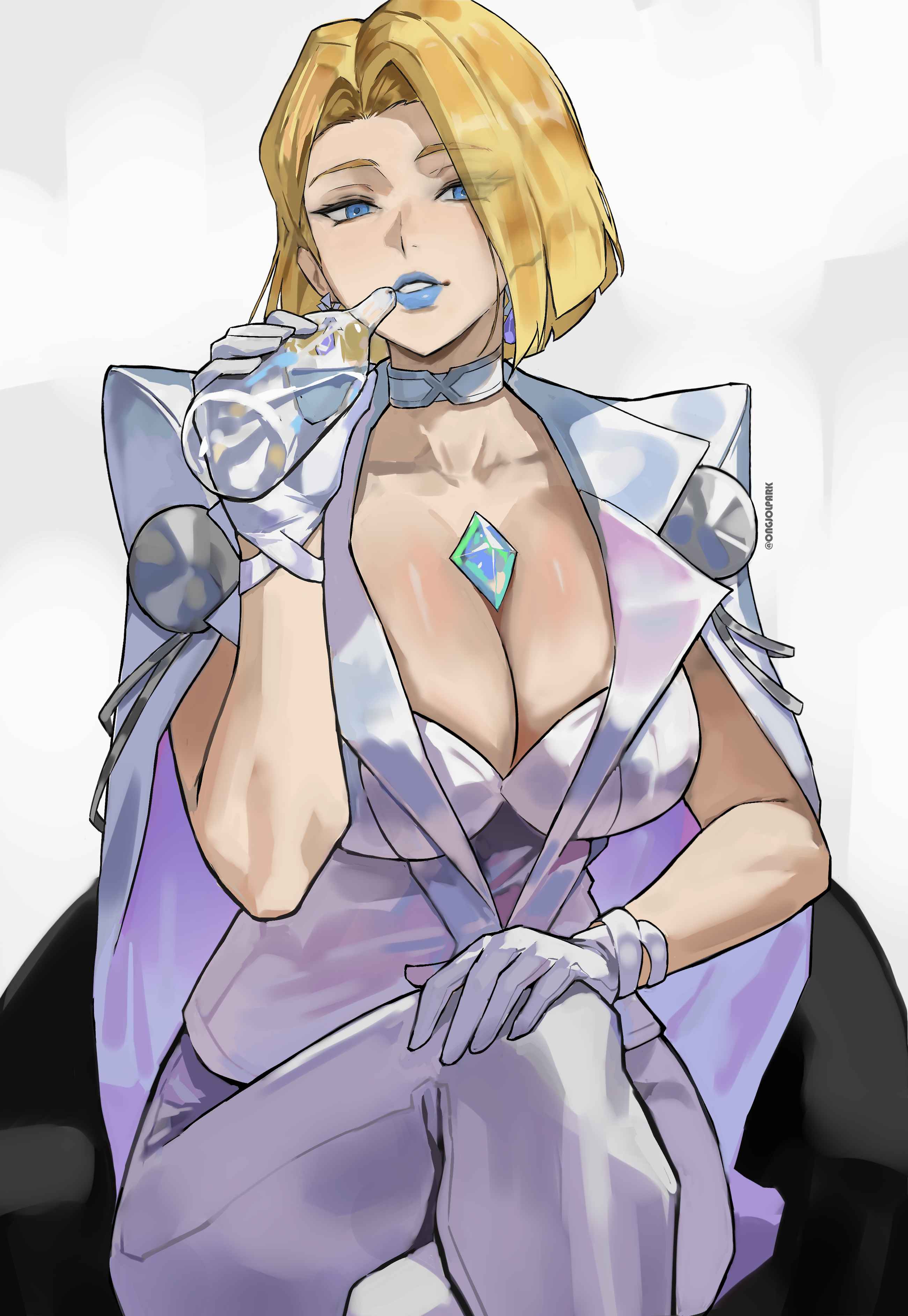 1girls, 2d, big ass, big breasts, blonde hair, cleavage, emma frost, emma frost (marvel rivals), female, female only, marvel, marvel rivals, ongjolpark, solo, thick thighs, white wine, wine bottle