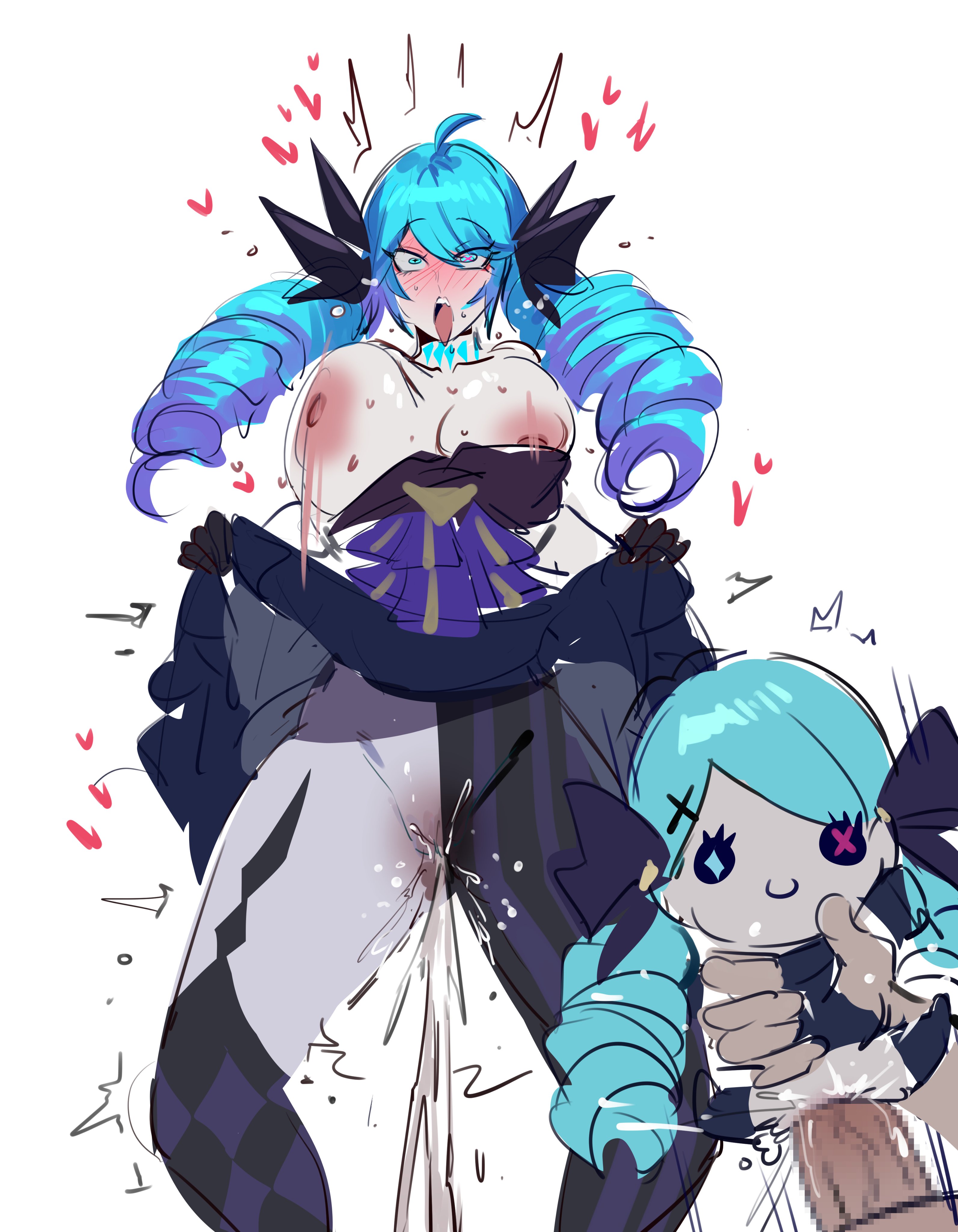 1boy, 1girls, areolae, big breasts, blue hair, blush, blushing, boobs, boobs out, bouncing, bouncing breasts, bowlegged pose, breasts, breasts out, cumming, cumming through clothing, doll, doll girl, drill hair, exposed breasts, exposed nipples, first person view, gwen (league of legends), half-dressed, heterochromia, intense orgasm, kurenaiz1, league of legends, looking at viewer, motion lines, nipples, offscreen male, pleasure face, plushie, remote transfer, shared senses, skirt lift, sparkle doll meme, squirting, swaying breasts, sweat, sweating, tights, topless, twintails