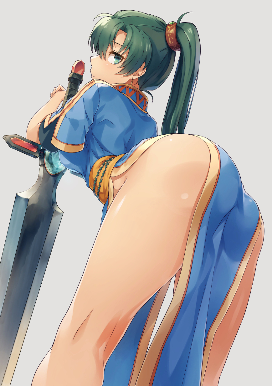 1girls, ass, ass focus, bending over, durandal (fire emblem), female, fire emblem, fire emblem: the blazing blade, green hair, huge ass, leaning forward, looking back, lyn (fire emblem), lyndis (fire emblem), nintendo, ponytail, presenting, presenting hindquarters, sajittari, shinon (artist), solo