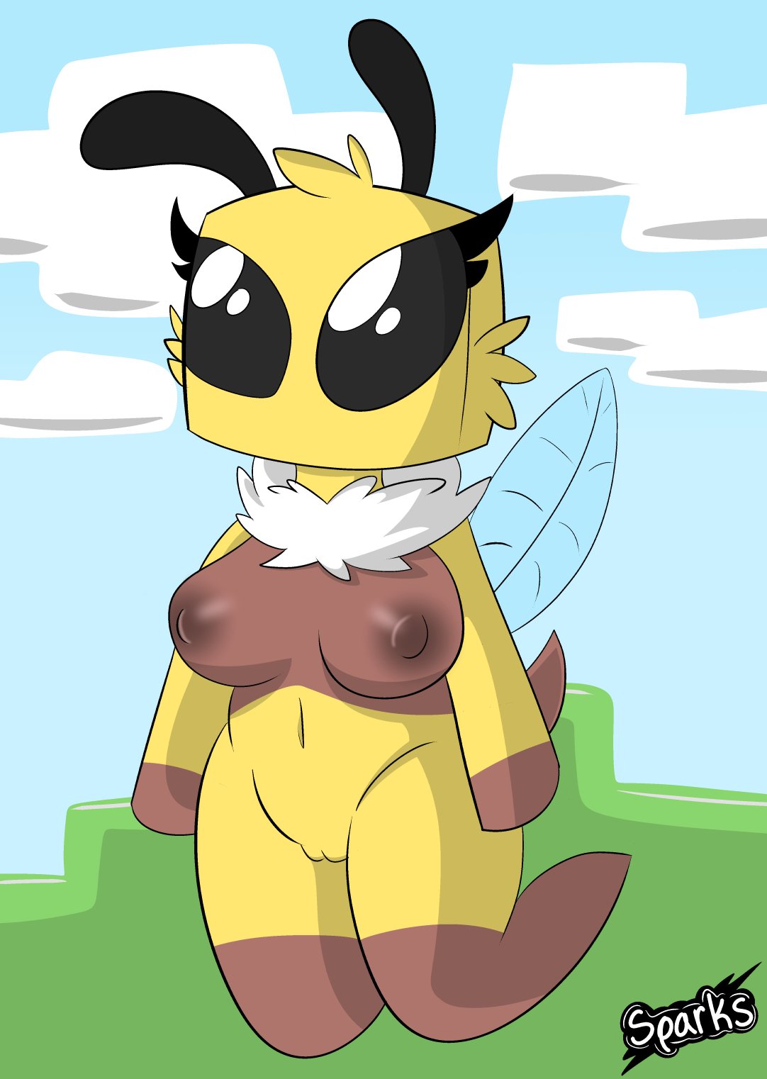 antennae, bee, bee (minecraft), black eyes, breasts, female, flying, fur, minecraft, outdoors, pussy, stinger, wings