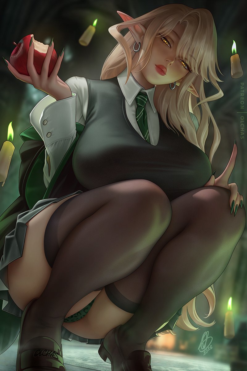 1girls, apple, big breasts, bitten apple, blonde hair, cosplay, crouching, draco malfoy, draco malfoy (redteneri), earrings, elf, elf ears, elf female, female, female only, harry potter, long hair, looking at viewer, narrowed eyes, olchas, original, original character, pantyshot, red lips, solo, stockings, yellow eyes