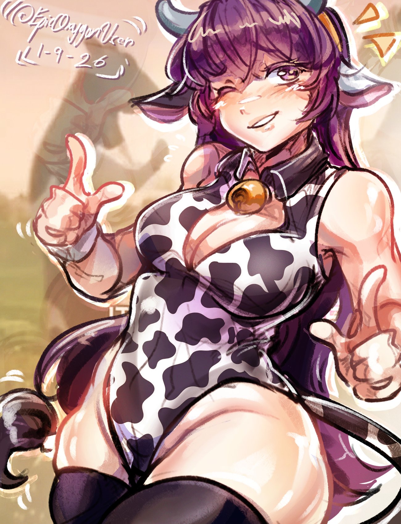 bell collar, boob window, cleavage, cow ears, cow headband, cow horns, cow print, cow tail, doki doki literature club, epicoxygenuser, large breasts, leotard, long hair, pinup, purple eyes, purple hair, stockings, thick thighs, thigh squish, yuri (doki doki literature club)