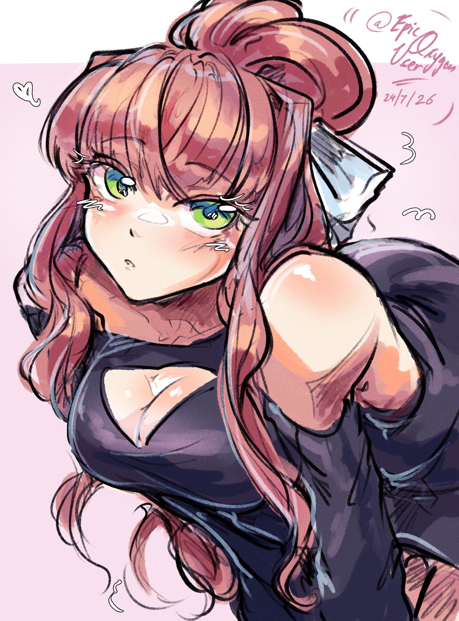 background ass, bending over, black dress, boob window, brown hair, cleavage, cute, doki doki literature club, epicoxygenuser, green eyes, large breasts, long hair, looking at viewer, monika (doki doki literature club), shoulderless dress