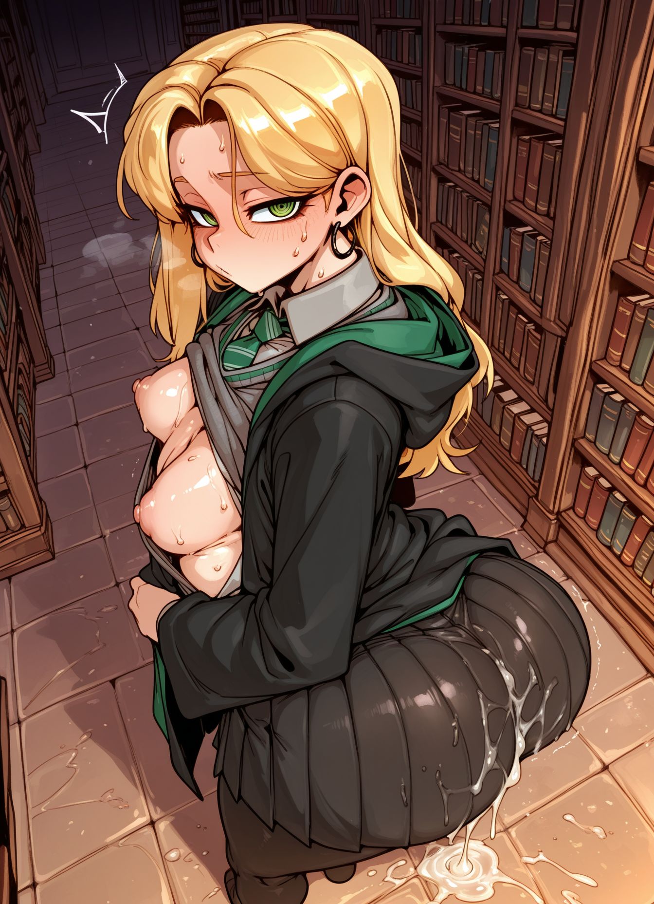 1girl, 1girls, after sex, after vaginal, ai, ai generated, ass, big ass, blonde, blonde female, blonde hair, boobs, breasts, cum, cumdrip, cumdripping, draco malfoy, draco malfoy (redteneri), female, genderbend, genderswap, green eyes, harry potter, heavy breathing, hogwarts, huge ass, kanteia, large ass, library, looking at viewer, looking back, nipples, pantyhose, petite, petite body, petite breasts, petite female, petite girl, petite tits, school, school uniform, schoolgirl, schoolgirl uniform, semen, skirt, small breasts, smaller female, standing, sweat, sweatdrop, sweating, tiny, tiny breasts, tiny female, tits, woman, yellow hair