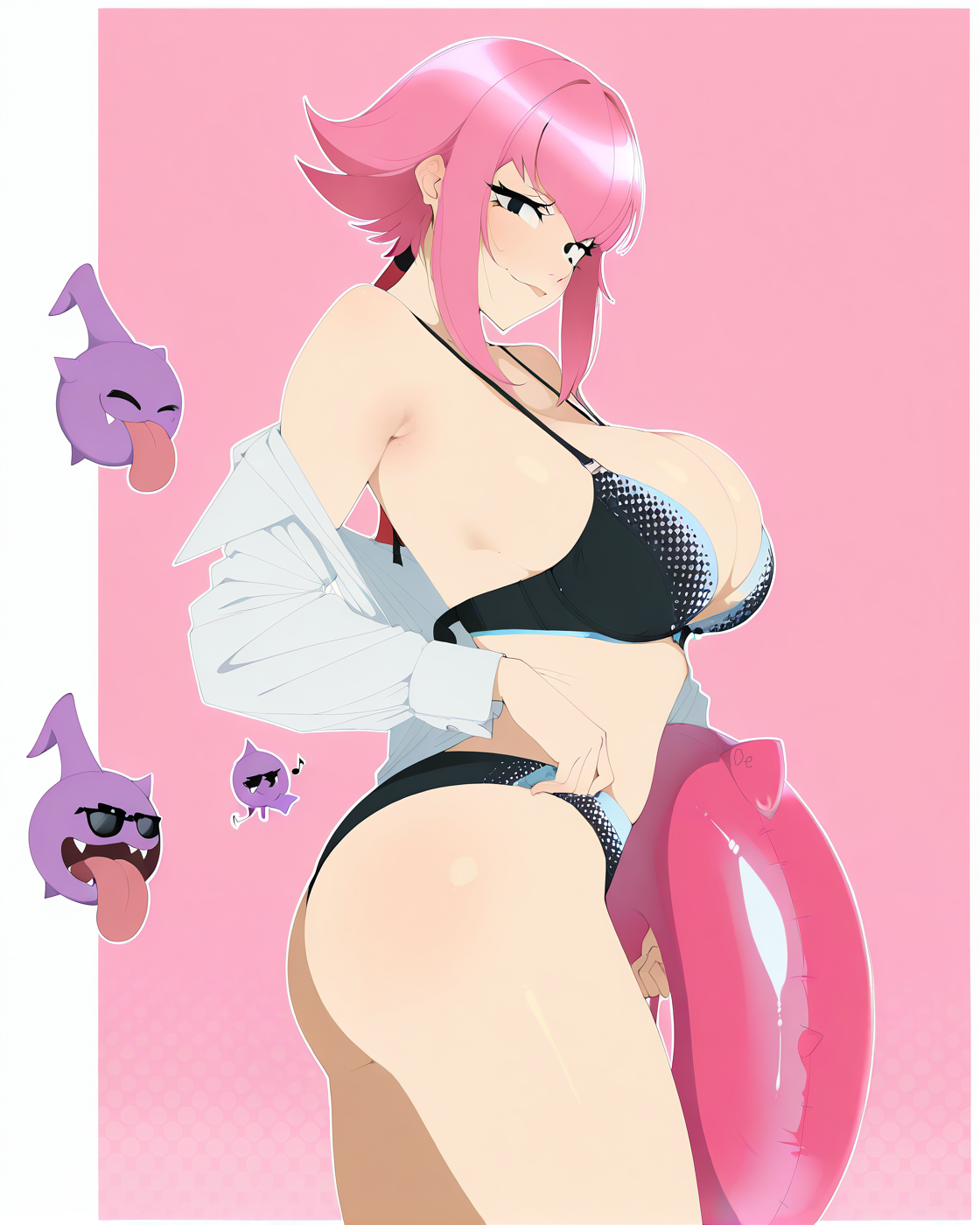 1girls, ai generated, ass, background, big breasts, bikini, black bikini, boobs, brawl stars, breasts, deskk, female, hair ribbon, hi res, inflatable ring, lifting own clothes, lipstick, melodie (brawl stars), navel, pink hair, shiny skin, showing breasts, supercell, thick thighs, tight clothing, video game character, video games