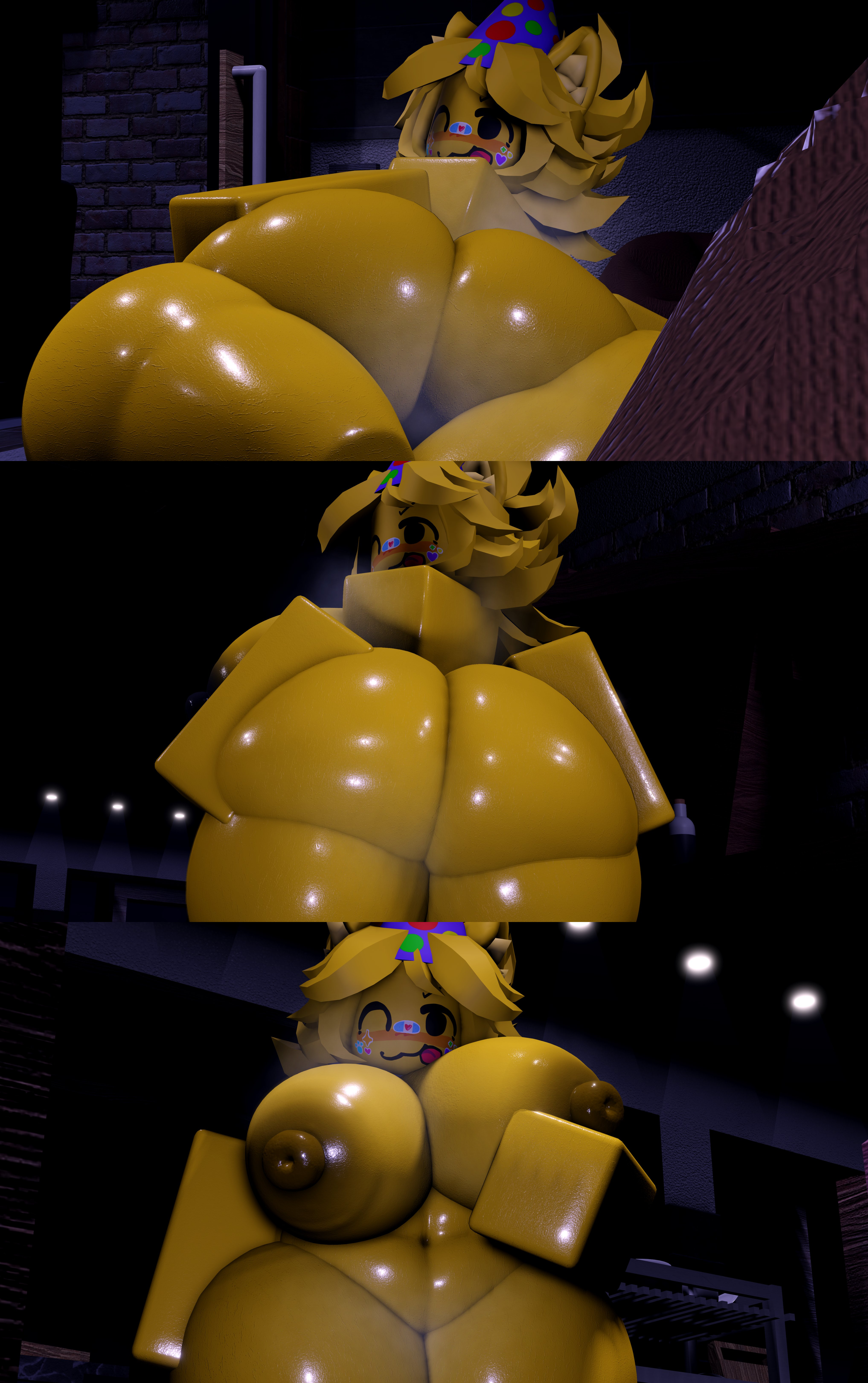 3d, 3d (artwork), 3d model, 3d render, areola, areolae, ass focus, big ass, big breasts, blocky body, chubby, chubby belly, chubby female, comic, comic strip, dark areola, elevator, female, female focus, female only, furry, furry ears, hand under breast, huge ass, huge breasts, looking at viewer, looking back, looking back at viewer, musk, musk clouds, no sex, noob, noob (roblox), nude, nude female, party hat, poob (regretevator), regretevator, retroslop, roblox, roblox game, robloxian, steam, steaming body, wawa rr34, winking, winking at viewer, yellow skin, yellow skinned female