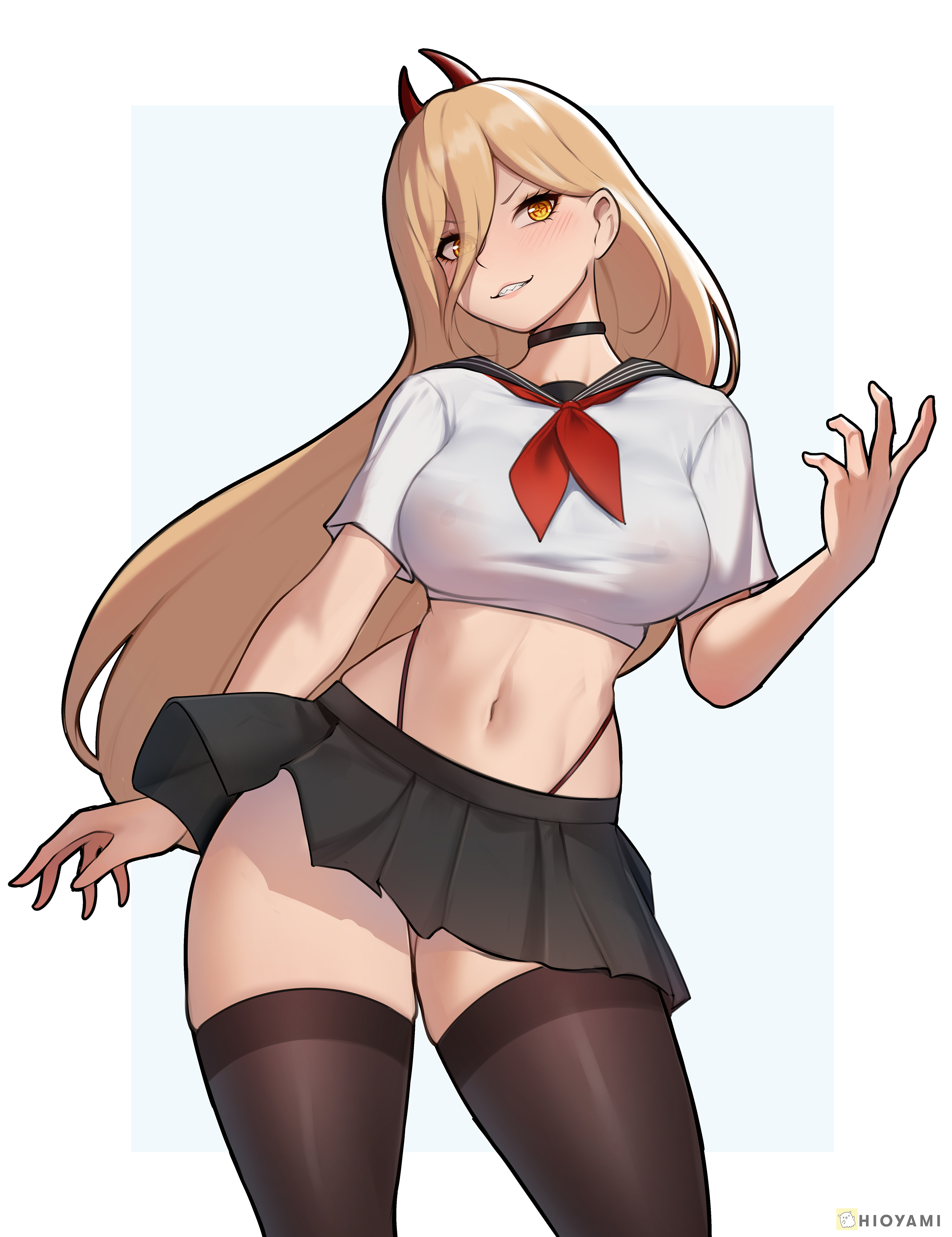 1girls, big breasts, black skirt, black thighhighs, black thong, blonde hair, bottomwear, breasts, chainsaw man, choker, clothing, demon, demon girl, demon horns, female, female only, hair, hioyami, legwear, long hair, neckwear, power (chainsaw man), skirt, solo, solo female, thick thighs, thighhighs, thighs, thong, topwear, yellow eyes