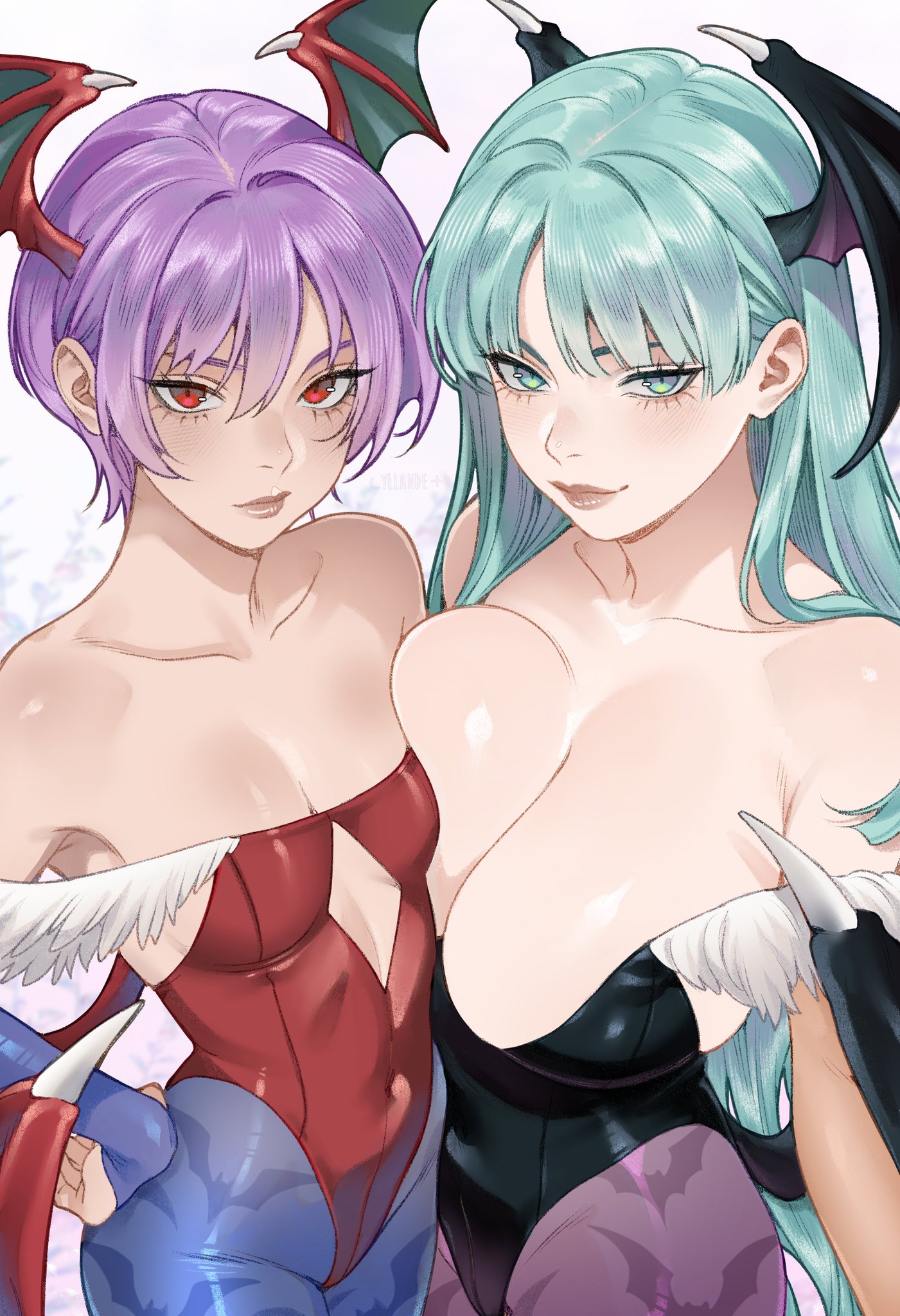 2girls, bat wings, big breasts, blue eyes, blue hair, blush, blushing, breast press, breast size difference, breasts, busty, capcom, cleavage, darkstalkers, demon, demon girl, demon wings, duo, elbow gloves, female, female only, flat chest, gloves, head wings, hourglass figure, huge breasts, large breasts, leotard, lilith aensland, long hair, looking at viewer, massive breasts, morrigan aensland, pantyhose, petite, purple hair, red eyes, short hair, siblings, sisters, slim waist, small breasts, standing, succubus, succubus wings, voluptuous, voluptuous female, white background, wings, yiiande