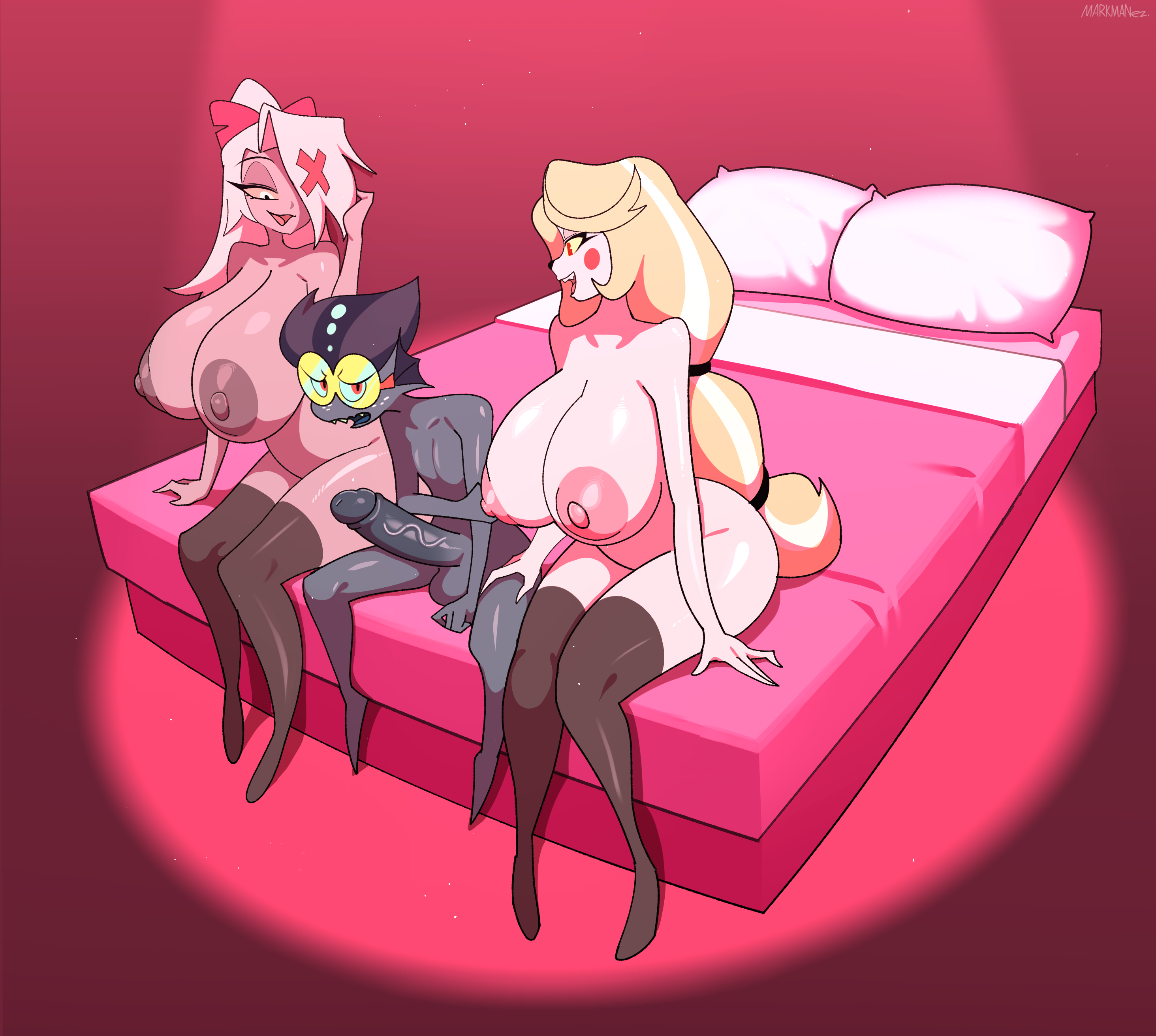 balls, baxter (hazbin hotel), big breasts, big penis, breasts, charlie morningstar (hazbin hotel), erection, female, hair, hazbin hotel, huge breasts, huge thighs, imminent sex, male, male/female, markmanez, nipples, nude, open mouth, penis, small but hung, smile, thick thighs, trio, vaggie (hazbin hotel), vein, veiny penis
