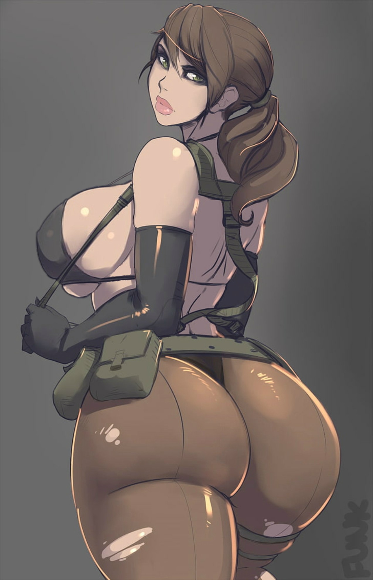 1girls, alternate ass size, ass, back, back view, belt, big ass, big breasts, bikini top, breasts, brown hair, edit, edited, female, female only, green eyes, grey background, huge ass, huge breasts, human, human only, large ass, large breasts, light skin, light-skinned female, lips, live for the funk, looking at viewer, looking back, metal gear solid, pale skin, pale-skinned female, ponytail, quiet (metal gear), sideboob, simple background, solo, solo female, tagme, thighs