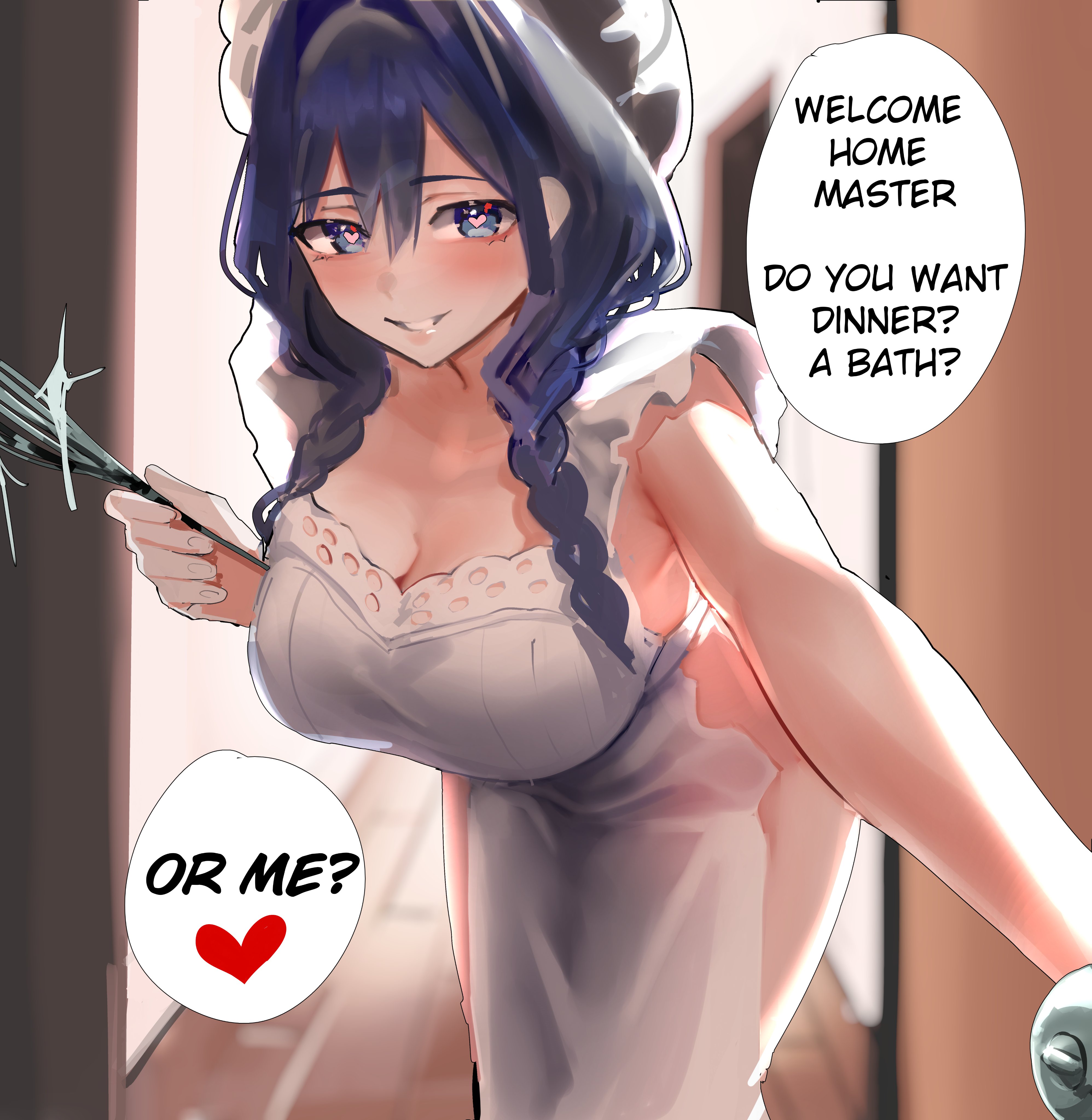 1girls, apron, apron only, big breasts, blue eyes, blue hair, blush, breasts, english text, feet out of frame, female, female only, heart-shaped pupils, hololive, hololive english, hololive english -council-, large breasts, long hair, looking at viewer, maid, maid headdress, naked, naked apron, nude, ouro kronii, ouro kronii (maid), smile, speech bubble, text, twin braids, virtual youtuber, yotahen, yotamono
